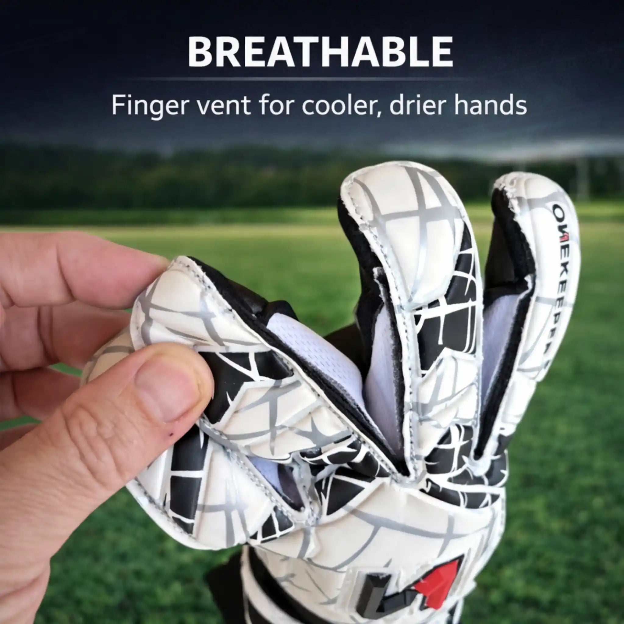 ONEKEEPER Vector Evolution Whiteglove with breathable design on a blurred sports field background