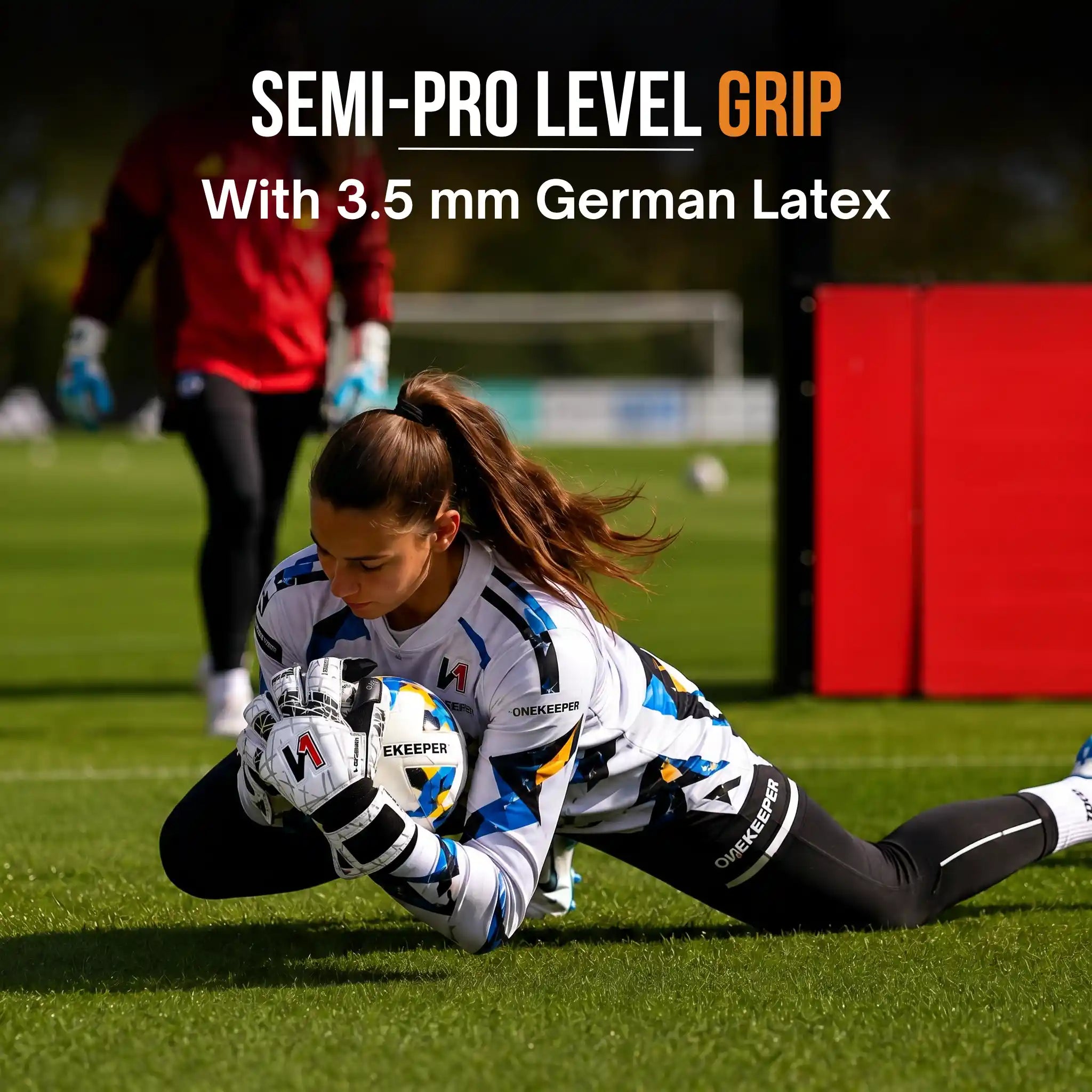 Woman in sports gear on a field with text about semi-pro level grip and German latex wearing a onekeeper vector evolution white and black goalkeeper glove
