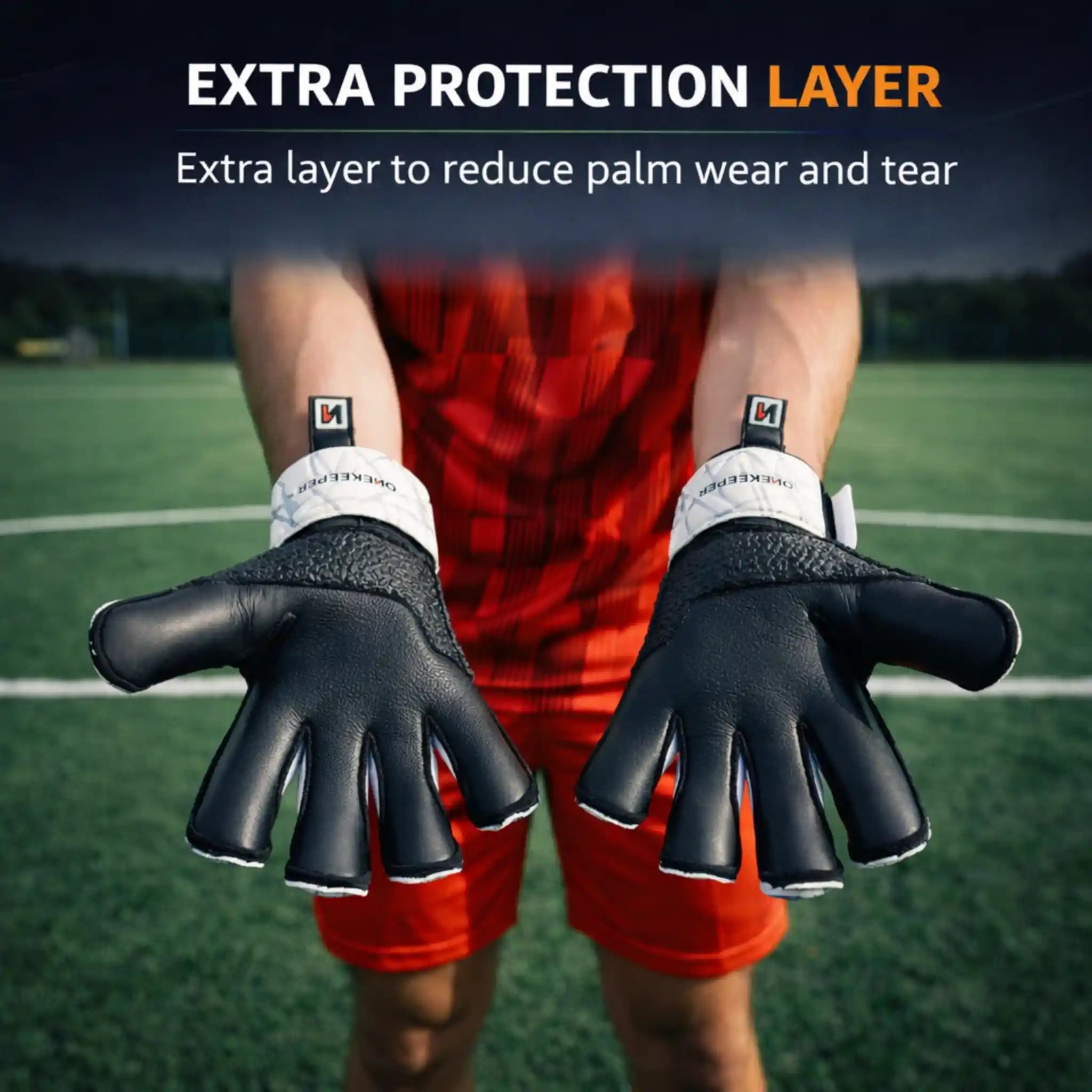 Person wearing ONEKEEPER Vector Evolution White gloves with extra protection layer on a sports field