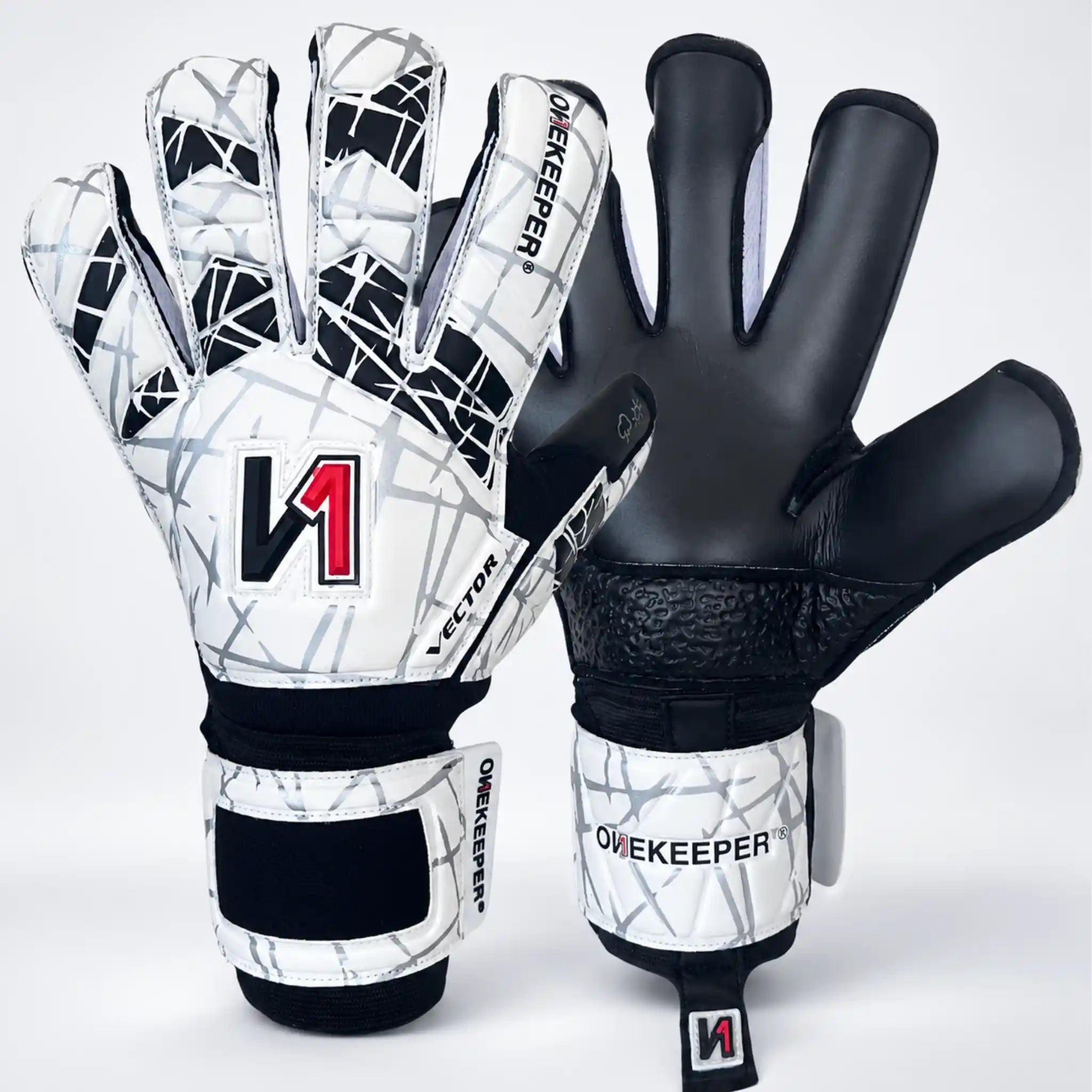 Pair of onekeeper vector evolution white and black goalkeeper gloves with black and white design on a white background