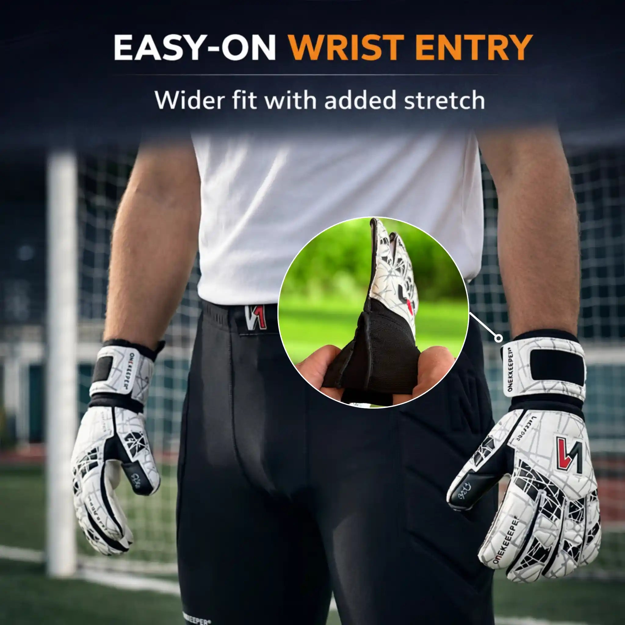 Person wearing a ONEKEEPER Vector Evolution White with a white 'ONEKEEPER' shirt and black pants on a sports field.