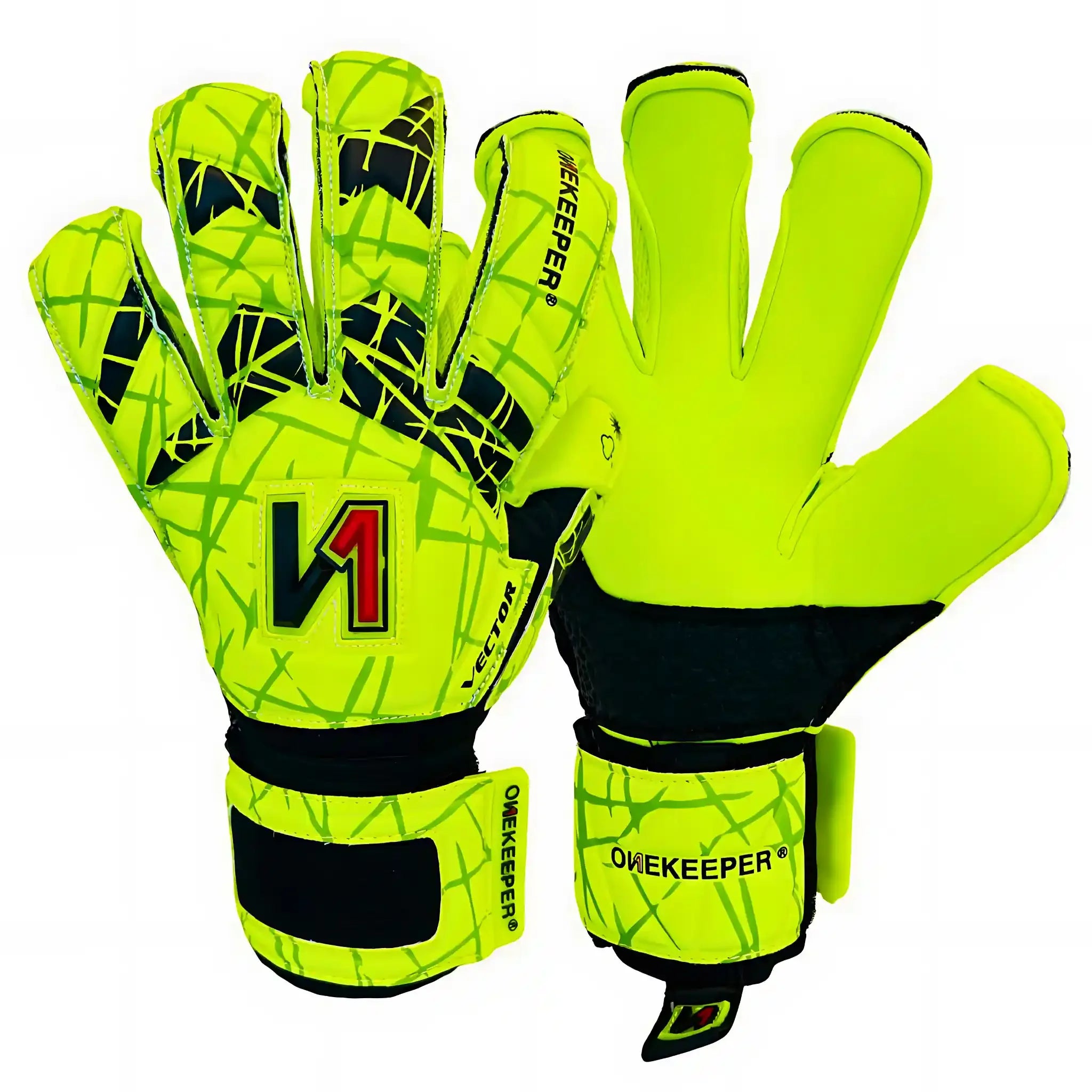 ONEKEEPER USA neon yellow goalkeeper gloves with black accents and secure wrist straps.