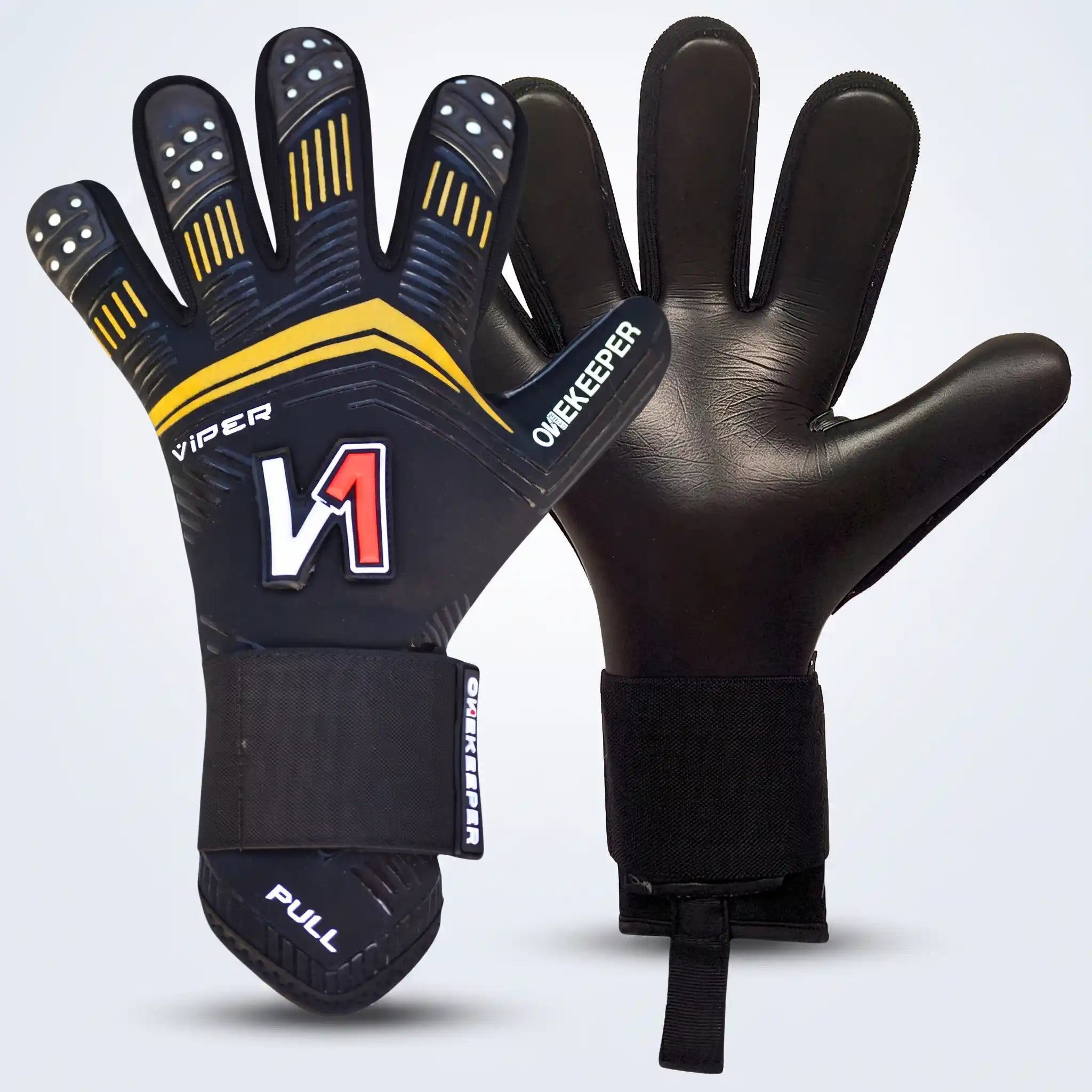 A pair of onekeeper black and gold goalkeeper gloves shown against a light gray background, with one glove displaying the back of the hand and the other showing the palm side. The gloves are primarily black with yellow accents on the fingers and wrist, a white and red 'V1' logo on the back of the hand, and white text reading 'VIPER' and 'ONEKEEPER'.