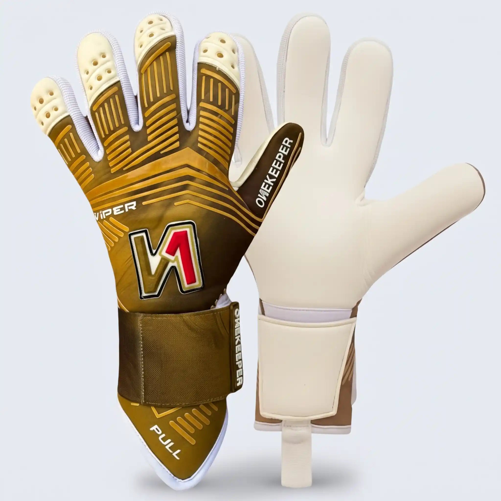 A pair of soccer onekeeper viper gold goalkeeper gloves shown from both the back and palm sides. The back of the glove is primarily brown with gold textured patterns, white finger tips, and a red and black 'M' logo.