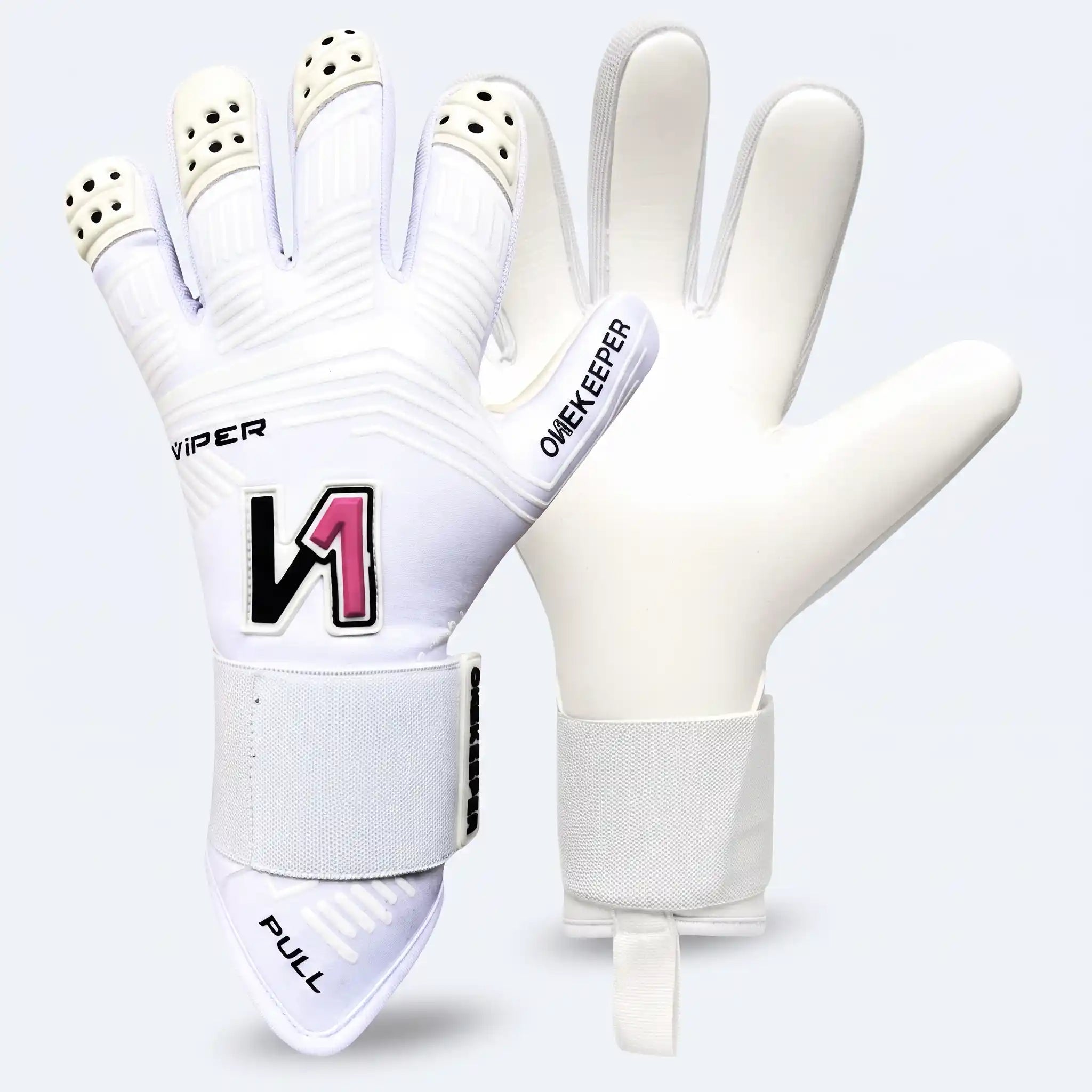 A pair of onekeeper viper white goalkeeper gloves shown against a light gray background, with one glove displaying the back of the hand and the other showing the palm side. The gloves feature black grip dots on the fingertips, a pink and black 'V1' logo on the back, and text reading 'OMKEKEEPER' and 'VIPER'