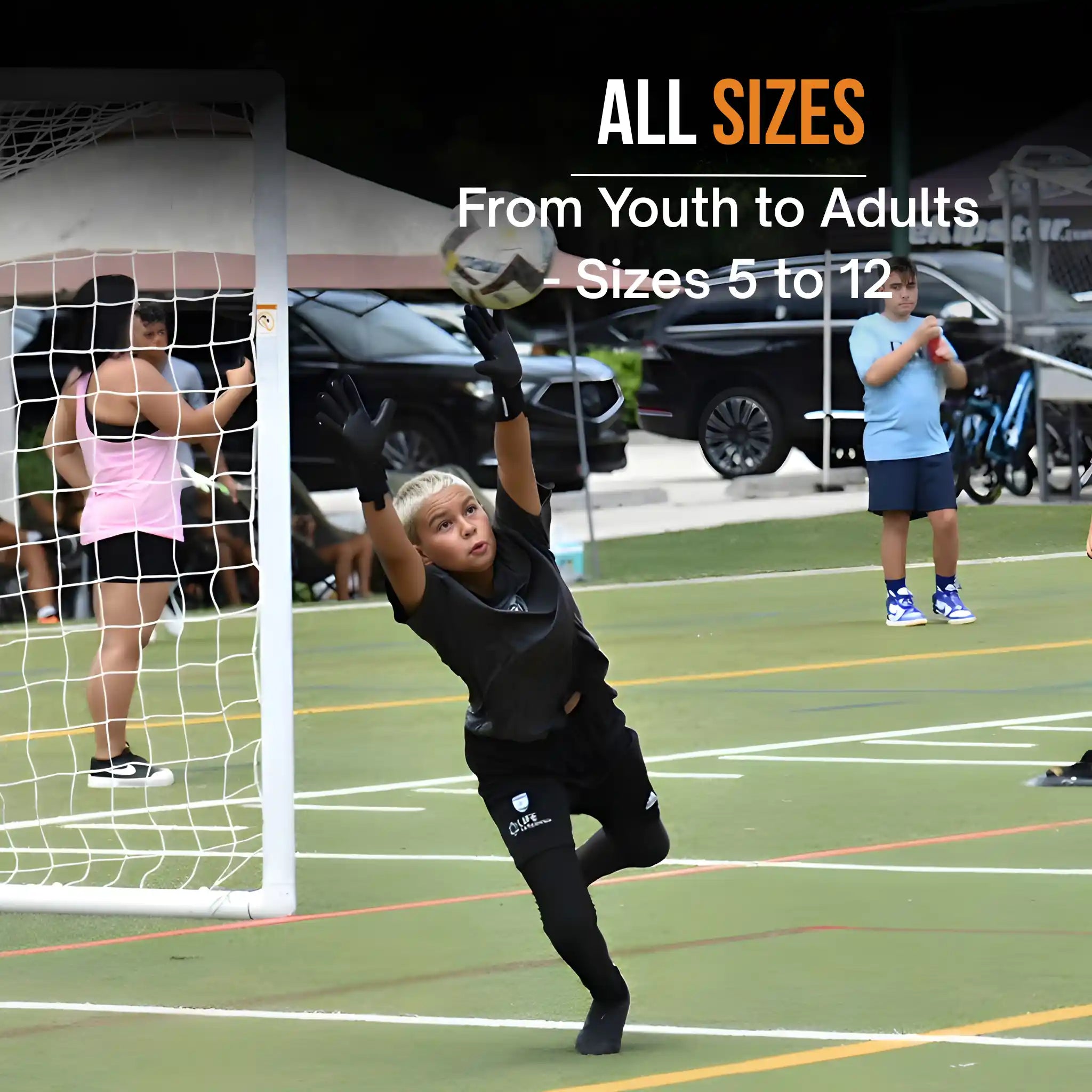 Child playing soccer on a field with 'All Sizes' text overlay wearing a onekeeper black goalkeeper glove