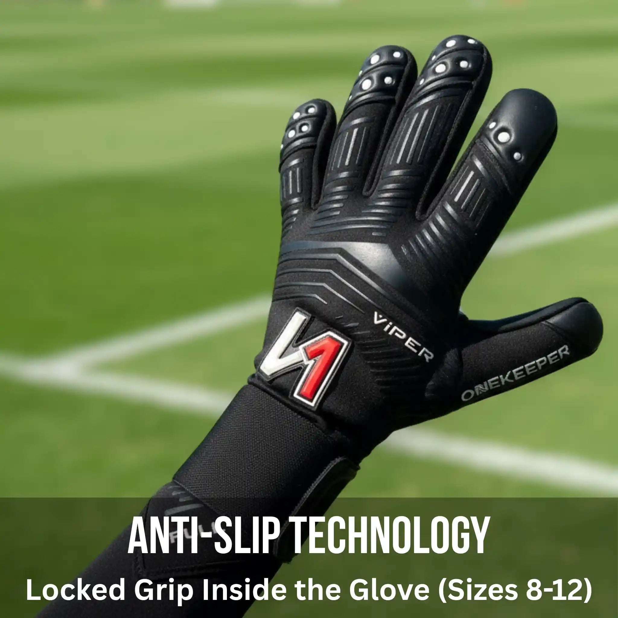onekeeper viper Black goalkeeper glove with anti-slip technology on a sports field background