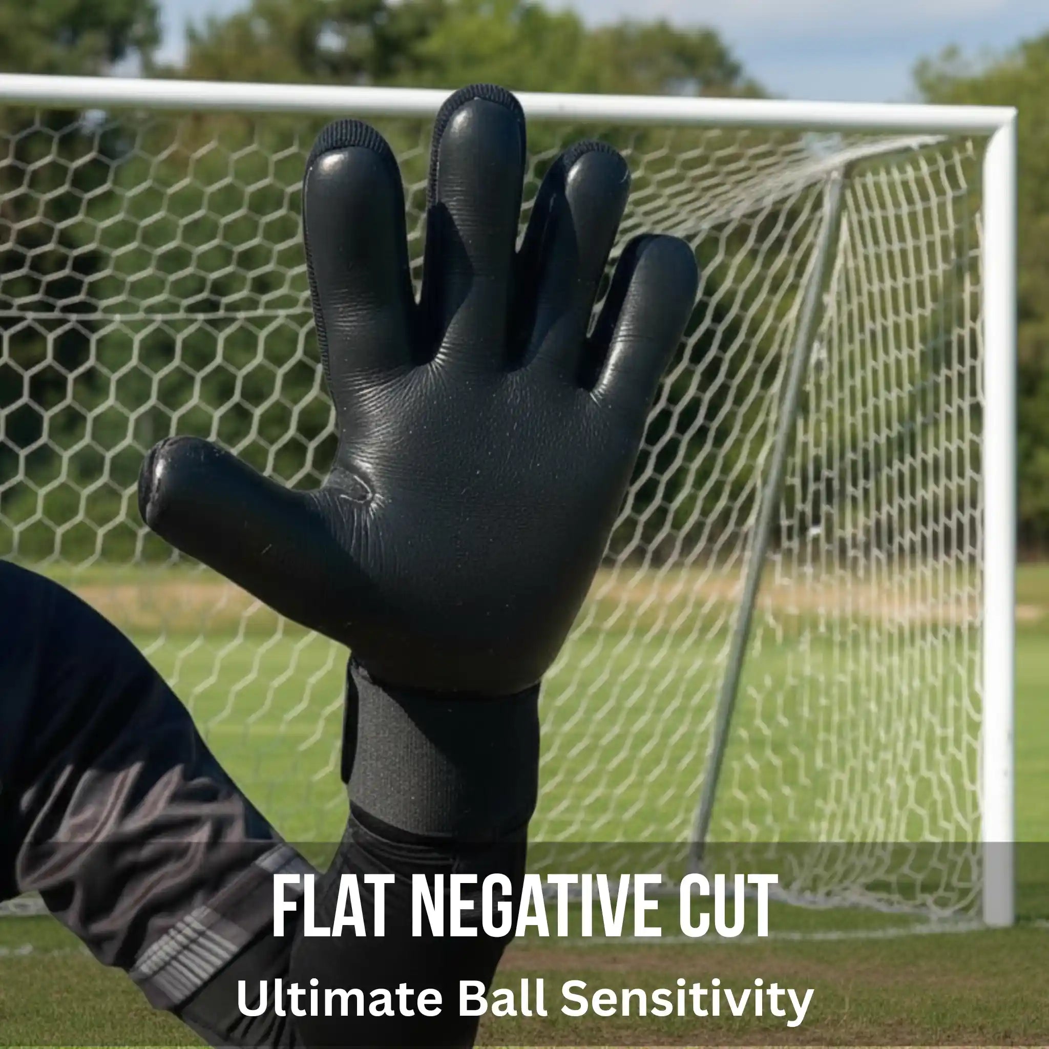 onekeeper viper Black glove on a soccer field with text 'Flat Negative Cut Ultimate Ball Sensitivity'.