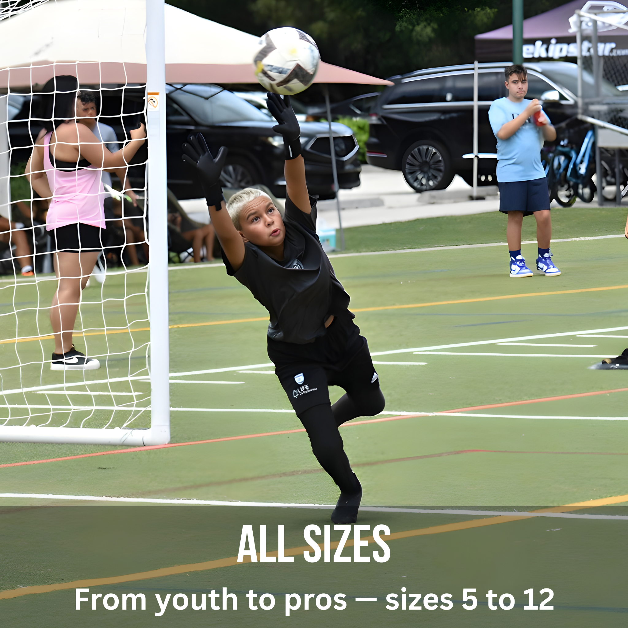 Person playing soccer on a field with text about product sizes with a onekeeper viper black gloves.