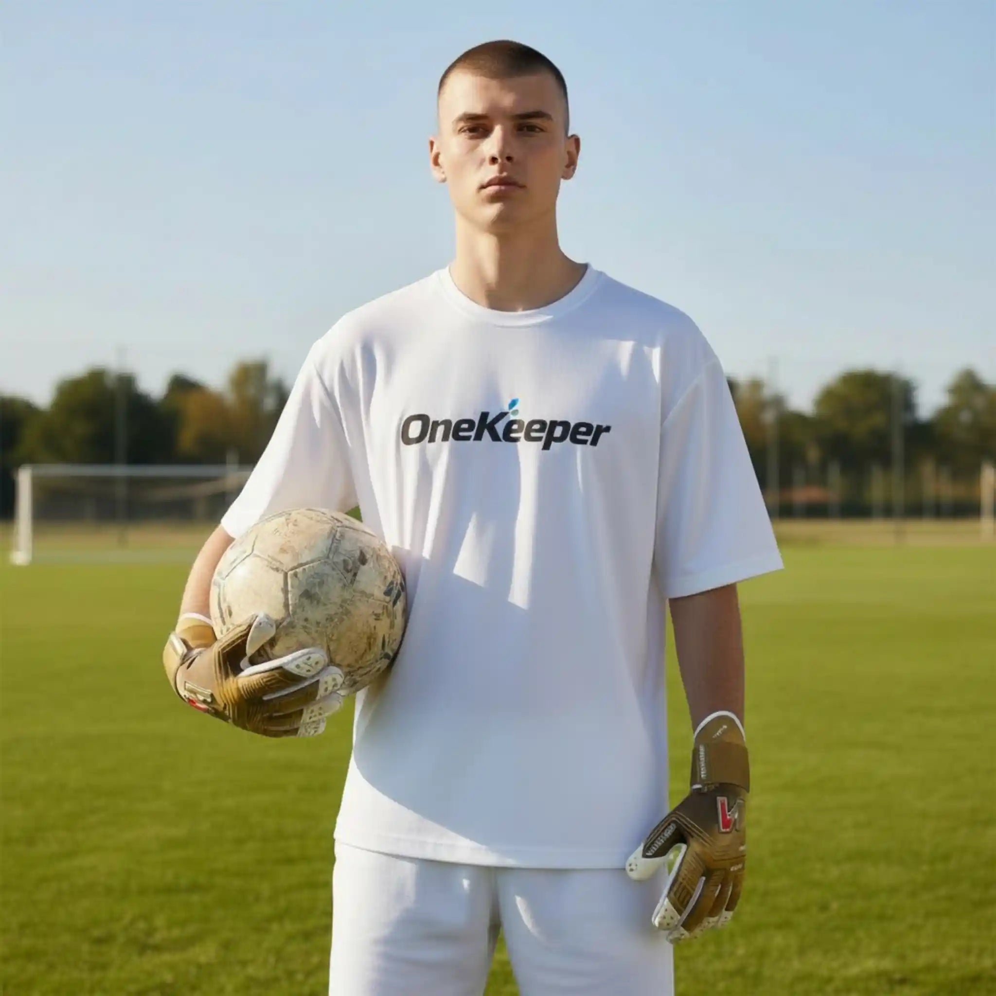 Person holding a soccer ball and gloves on a grassy field wearing a 'OneKeeper' shirt with a onekepeer viper gold goalkeeper glove.