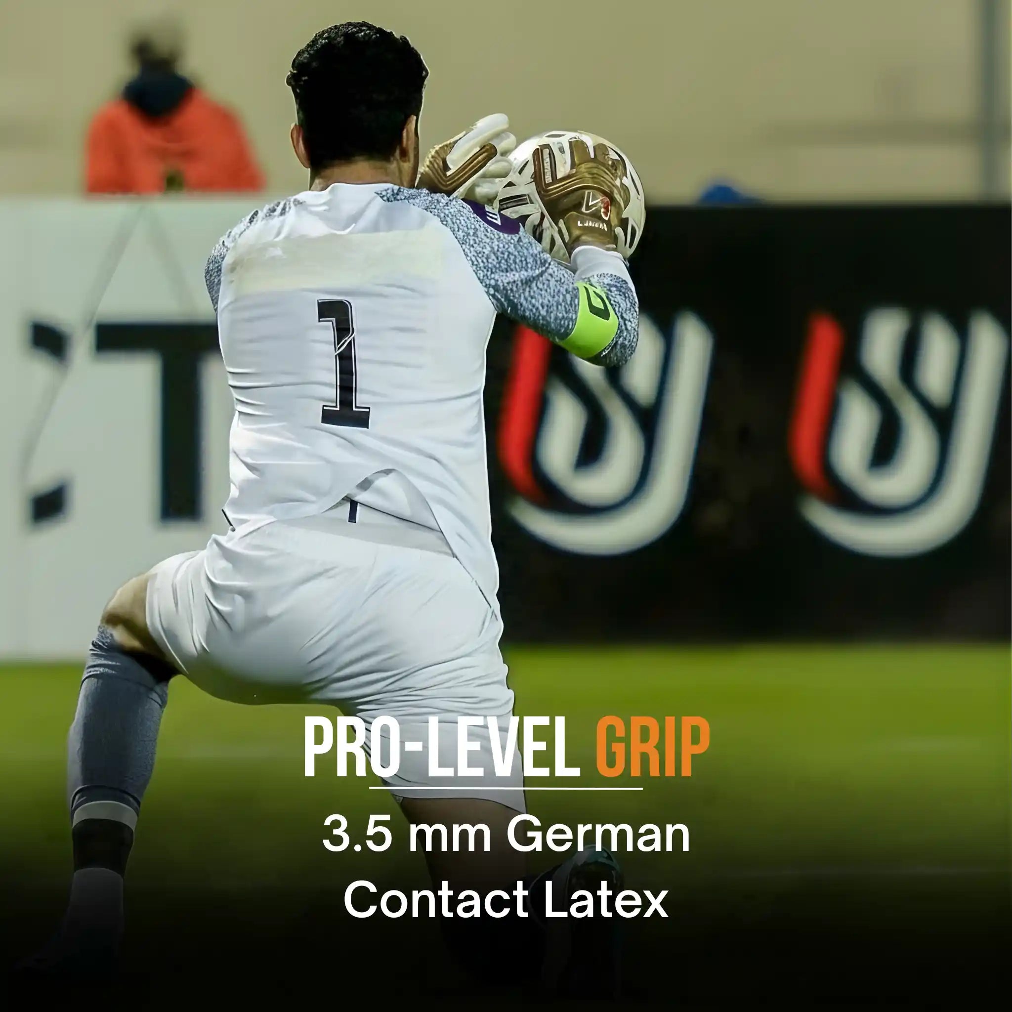 Person wearing a ONEKEEPER Viper Gold goalkeeper glove  in sports gear with text about pro-level grip and latex on a blurred background