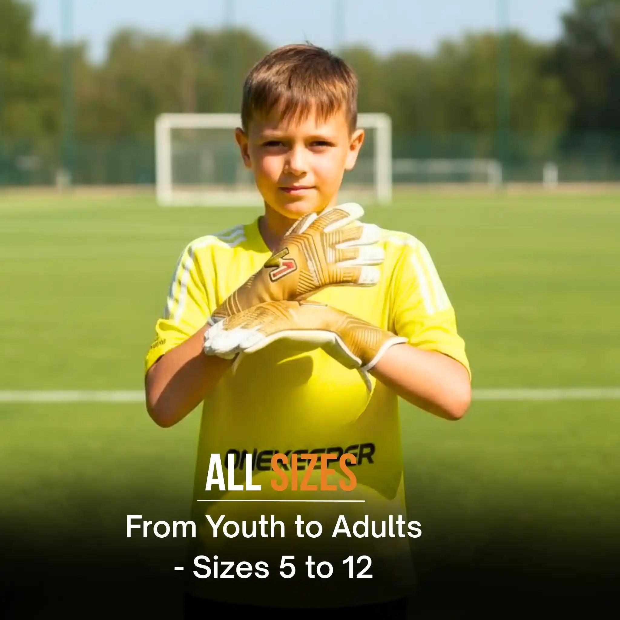 Young boy in yellow soccer jersey and ONEKEEPER Viper Gold gloves on a soccer field with text about product sizes.