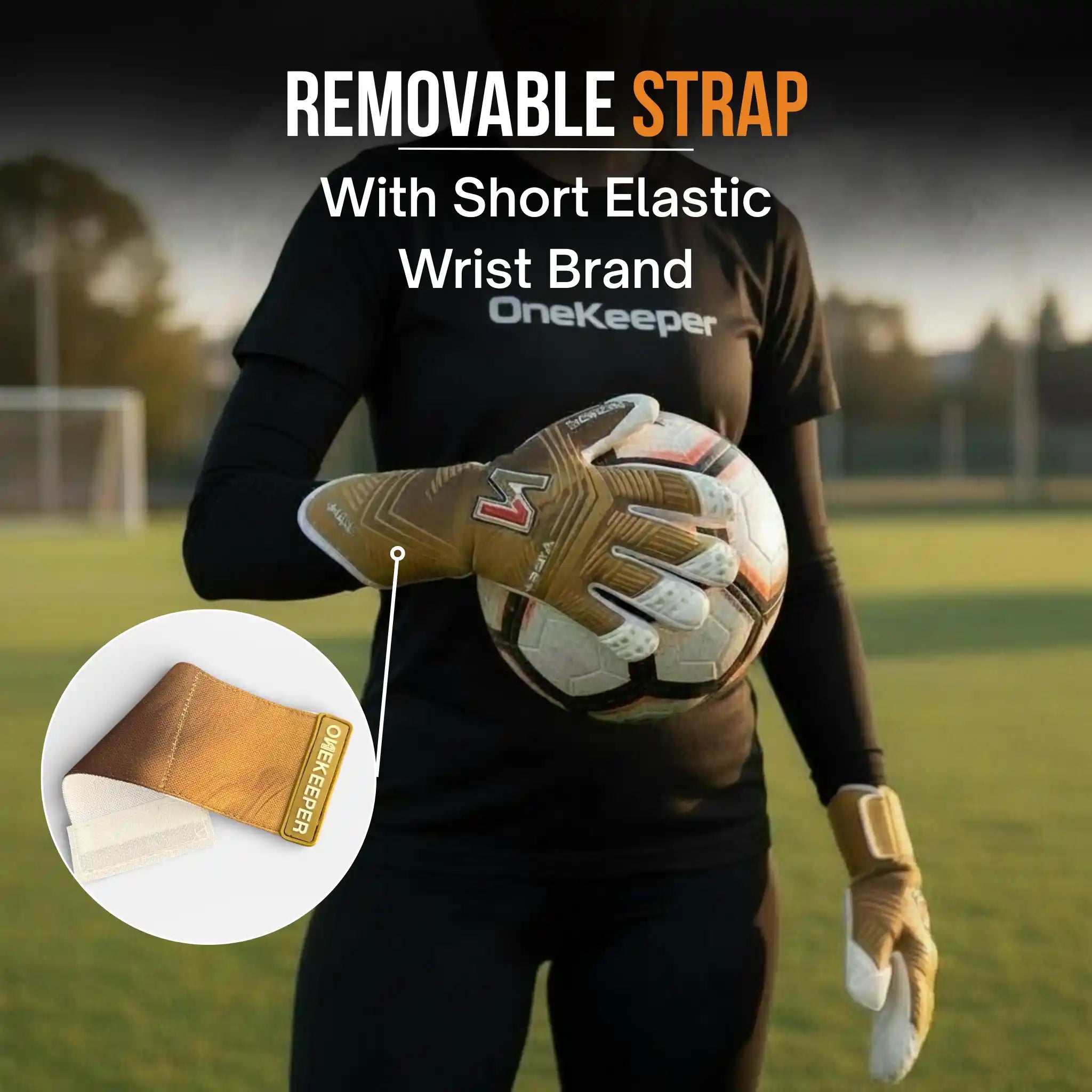 Person wearing a ONEKEEPER Viper Gold goalkeeper gloves with a OneKeeper brand logo on a sports field.