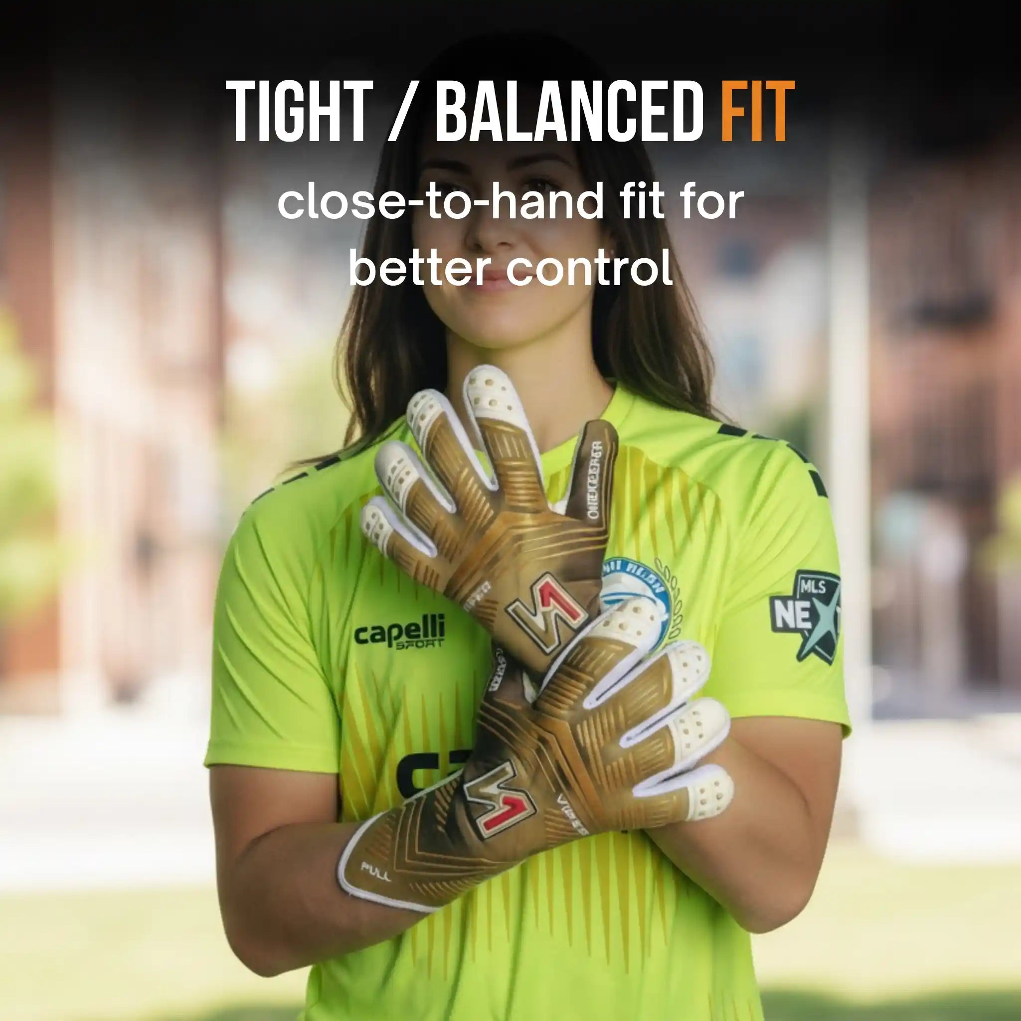 Person wearing a ONEKEEPER Viper Gold in a bright green jersey and brown goalkeeper gloves with text about glove fit.