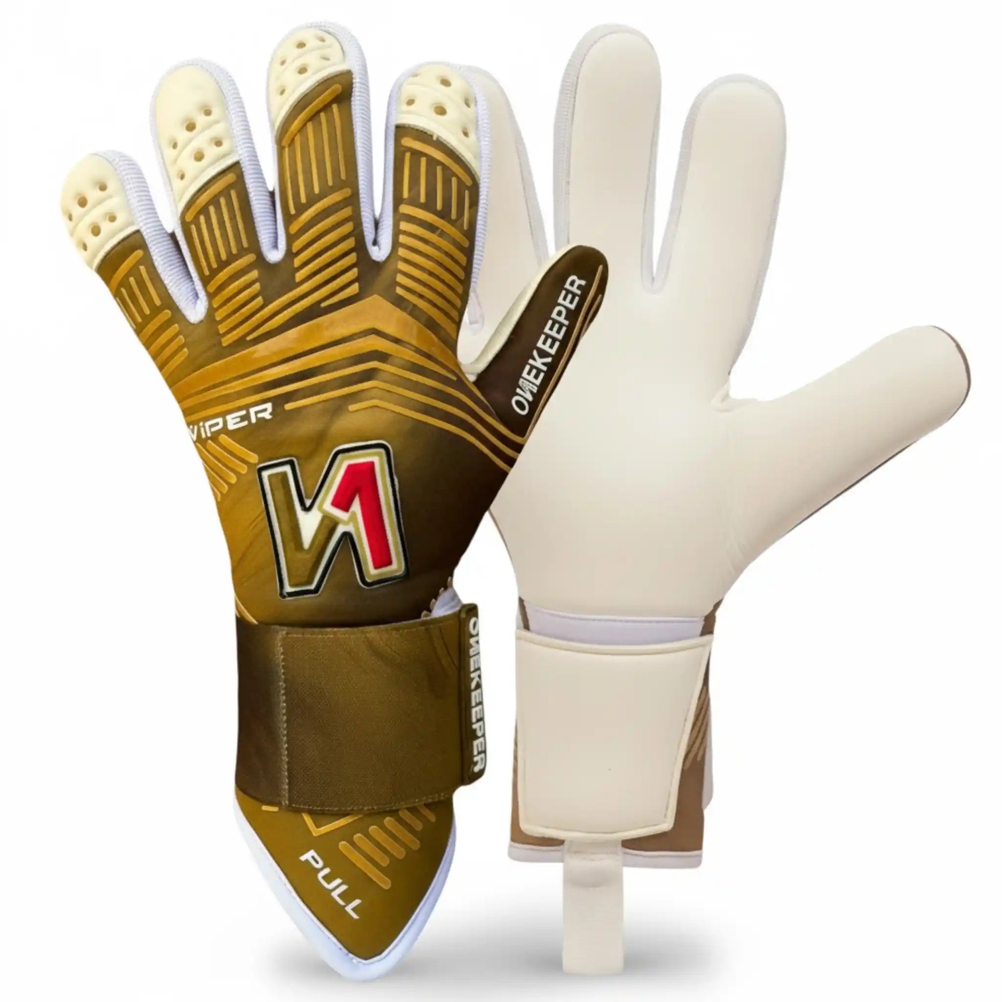 Pair of onekeeper viper gold goalkeeper gloves with W1 logo on a white background