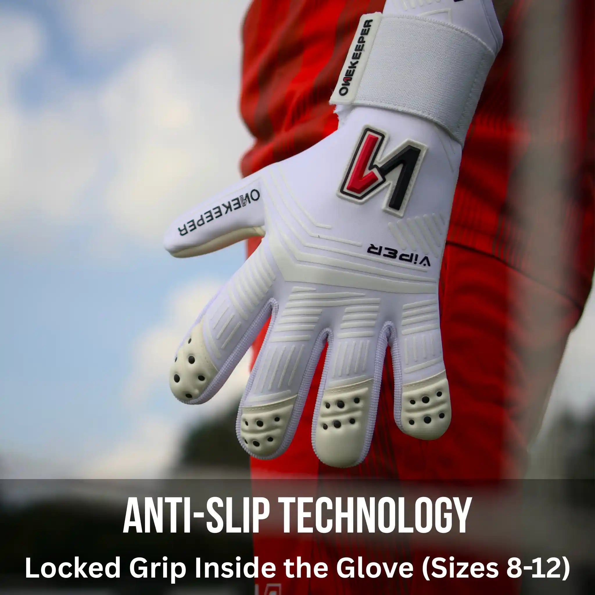 onekeper viper White glove with anti-slip technology on a blurred sports background