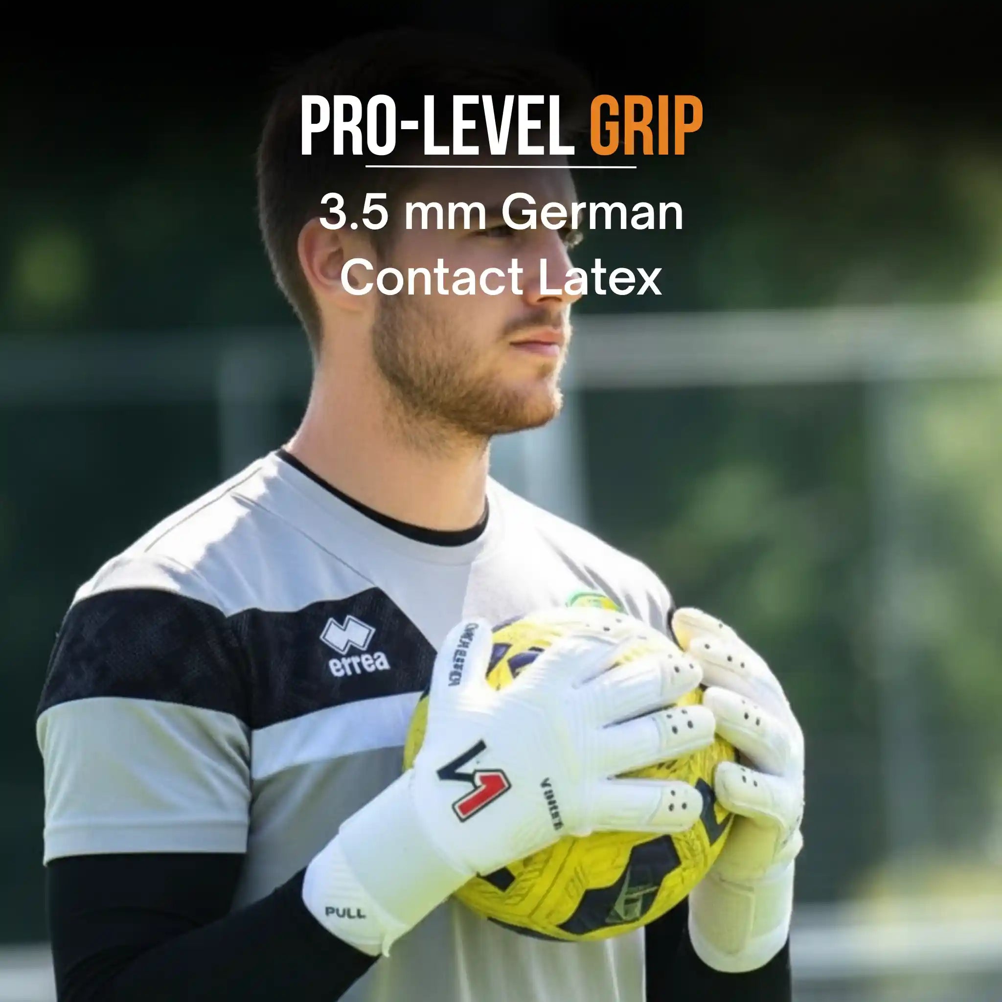 Person holding a soccer ball with text about pro-level grip and German contact latex wearing a ONEKEEPER Viper White