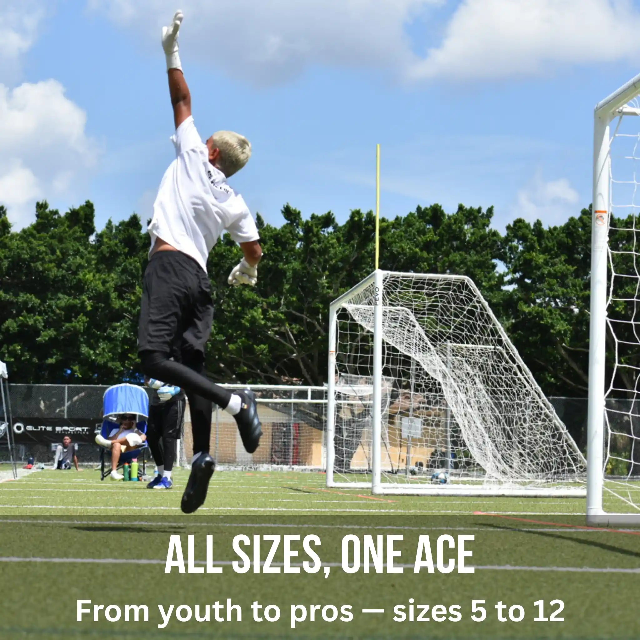 Person jumping in the air on a soccer field with a goal in the background, promoting the Viper White 'All Sizes, One Ace' product.