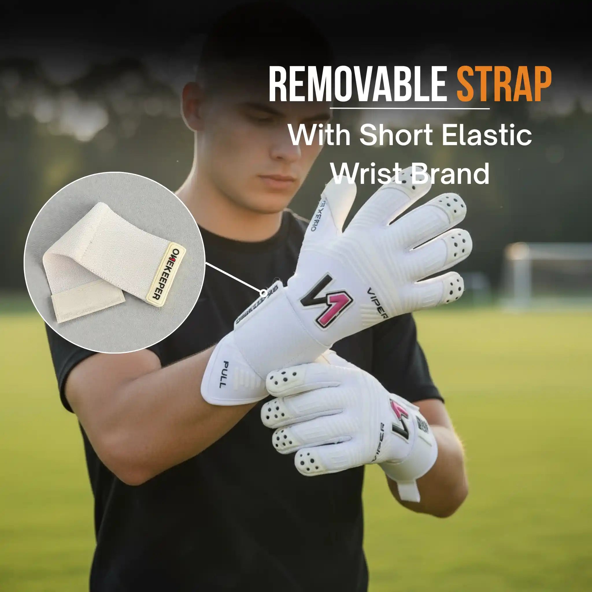 Person wearing a ONEKEEPER Viper white gloves with a brand logo on a sports field, emphasizing a removable strap feature.