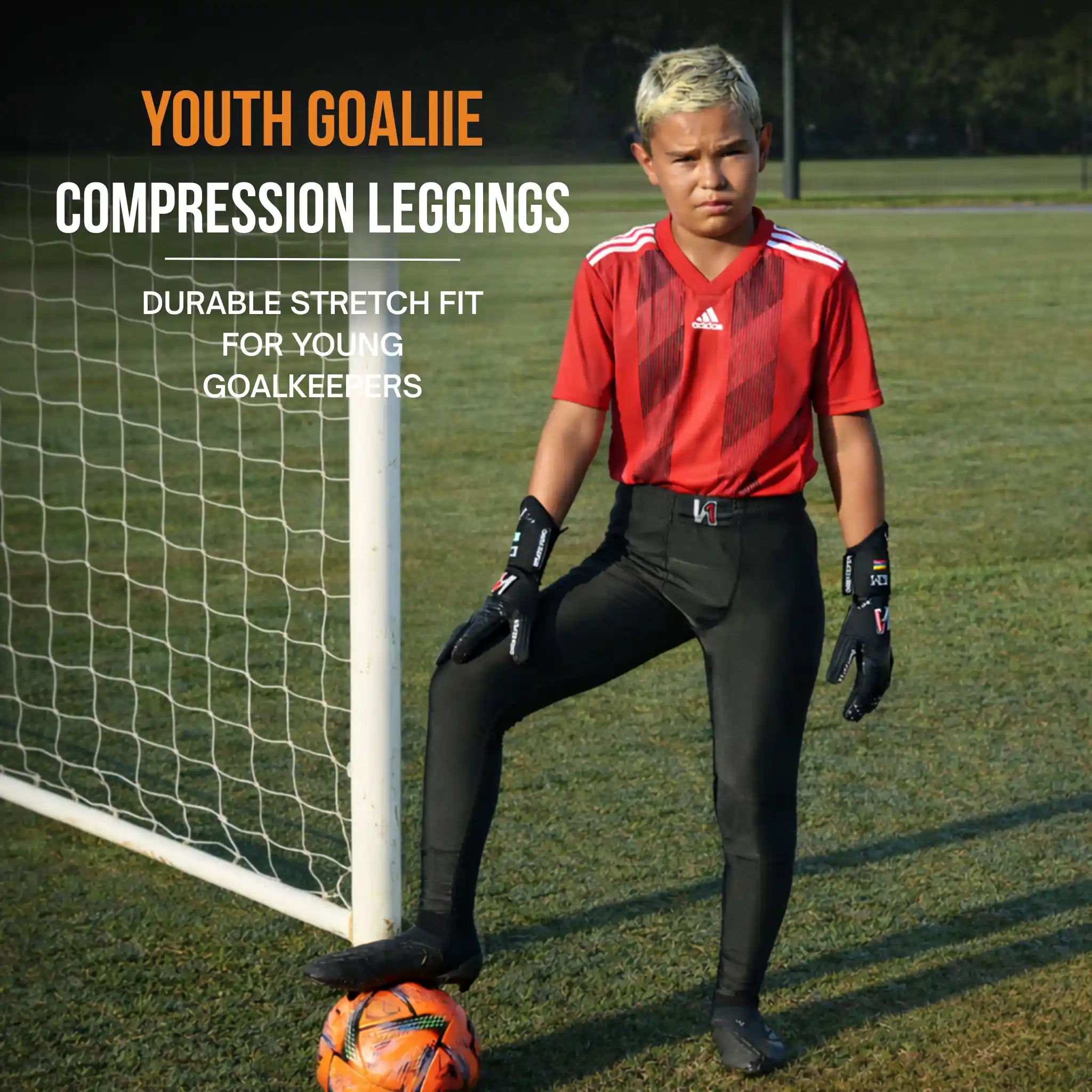 Youth soccer goalkeeper in onekeeper compression leggings and red jersey standing on a soccer field with text about compression leggings.