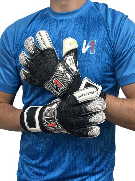 Black and White Hybrid Cut Pro-Level Goalkeeper Gloves - ONEKEEPER FUSION Contact Black - ONEKEEPER USA