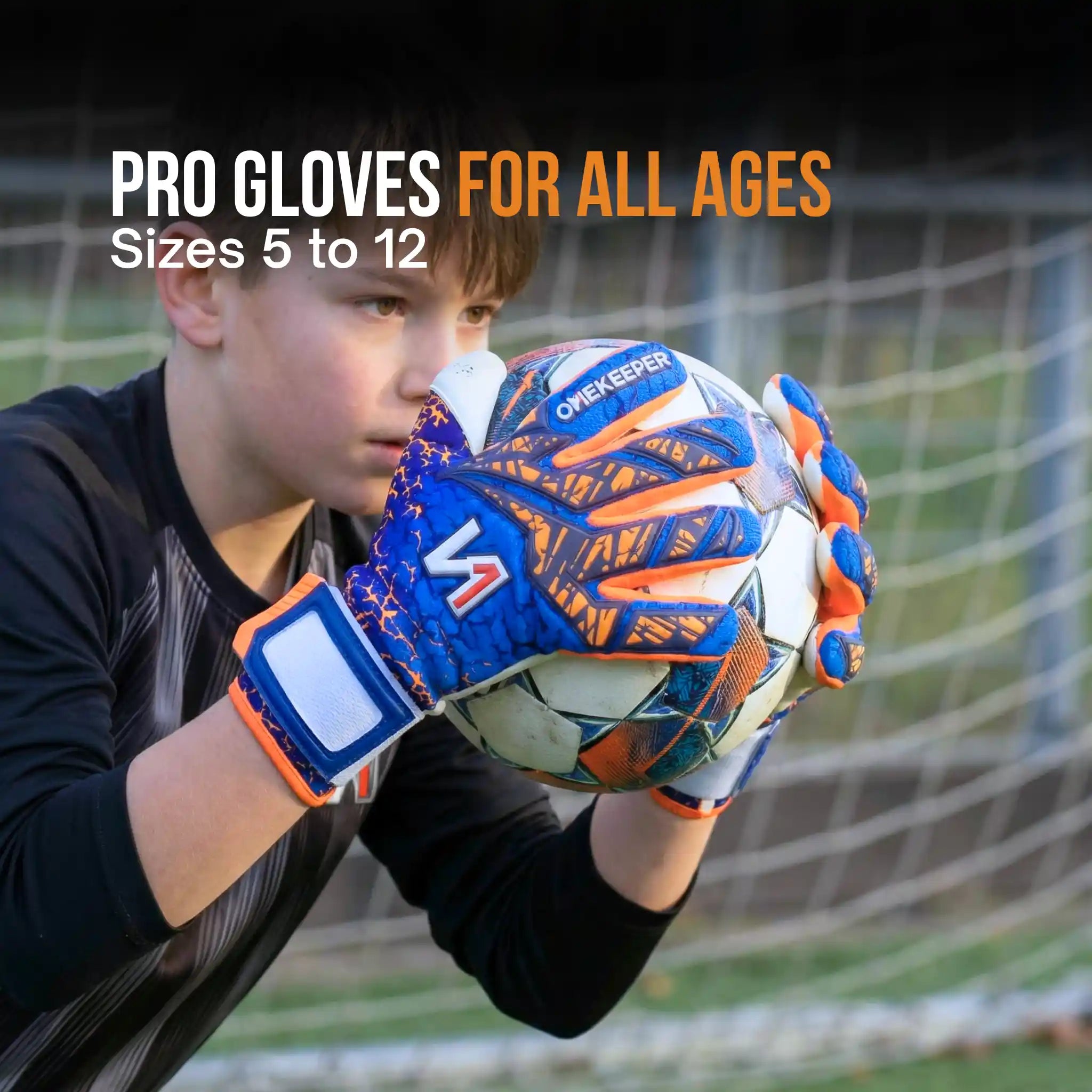 A child goalkeeper wearing a onekeeper mana blue and orange patterned Overkeeper pro gloves while holding a soccer ball on a field, with text overlay reading 'PRO GLOVES FOR ALL AGES Sizes 5 to 12'.