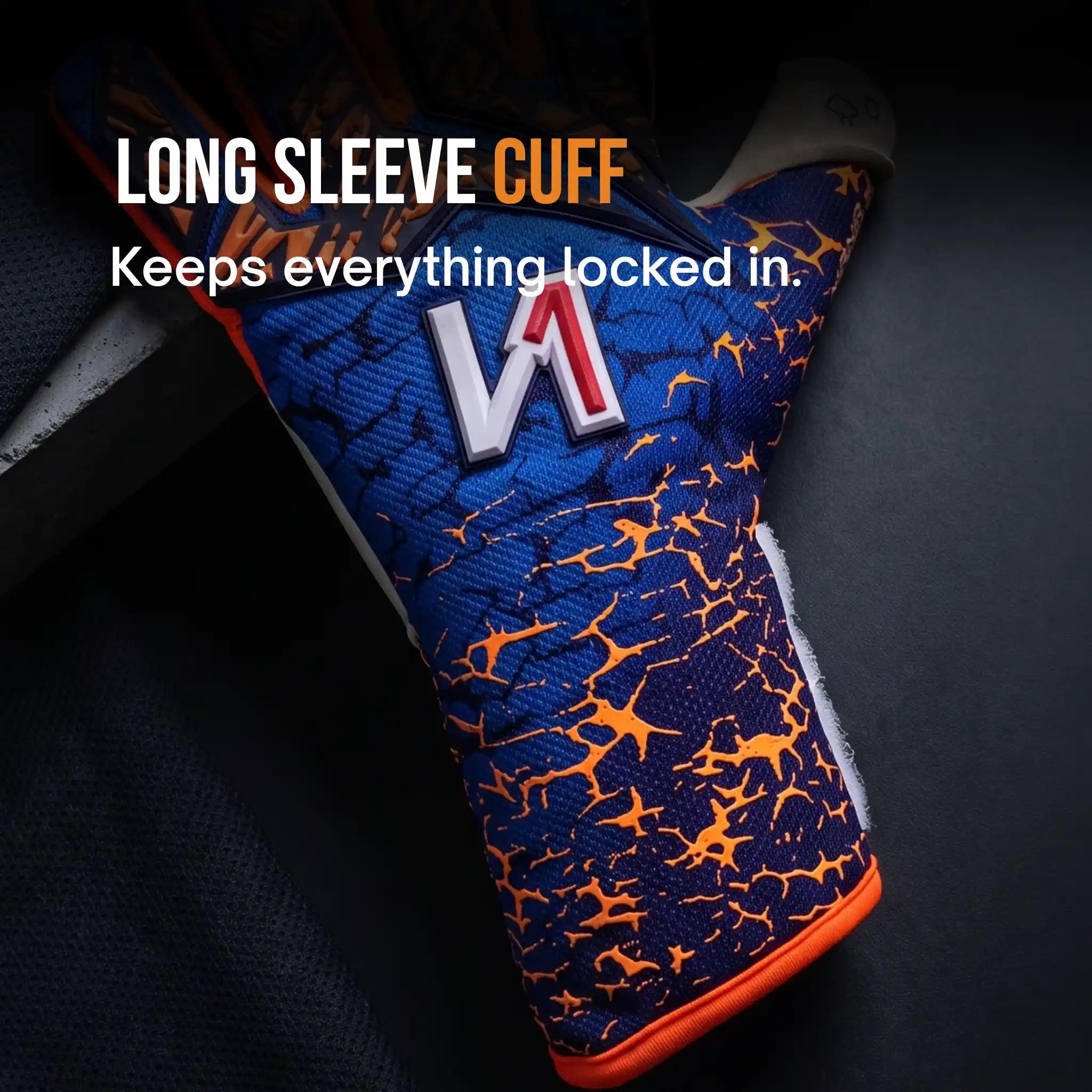 A close-up of a mana blue and orange goalkeeper glove with a blue and orange crackle pattern, featuring a white and red 'W' logo. The glove is shown against a dark background with promotional text reading 'LONG SLEEVE CUFF Keeps everything locked in.