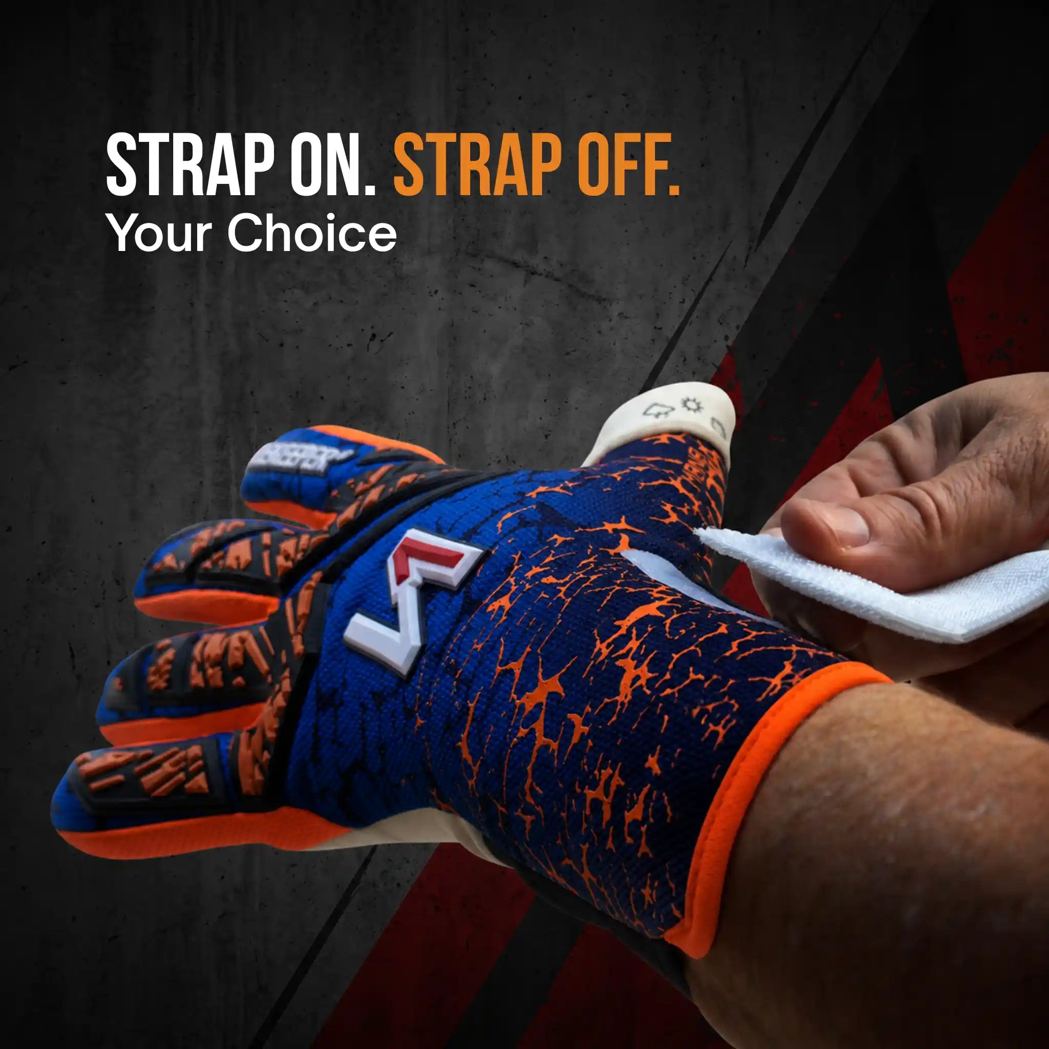 A close-up of a hand wearing a onekeeper mana blue and orange patterned goalkeeper glove, with a white strap being removed by another hand. The text 'STRAP ON