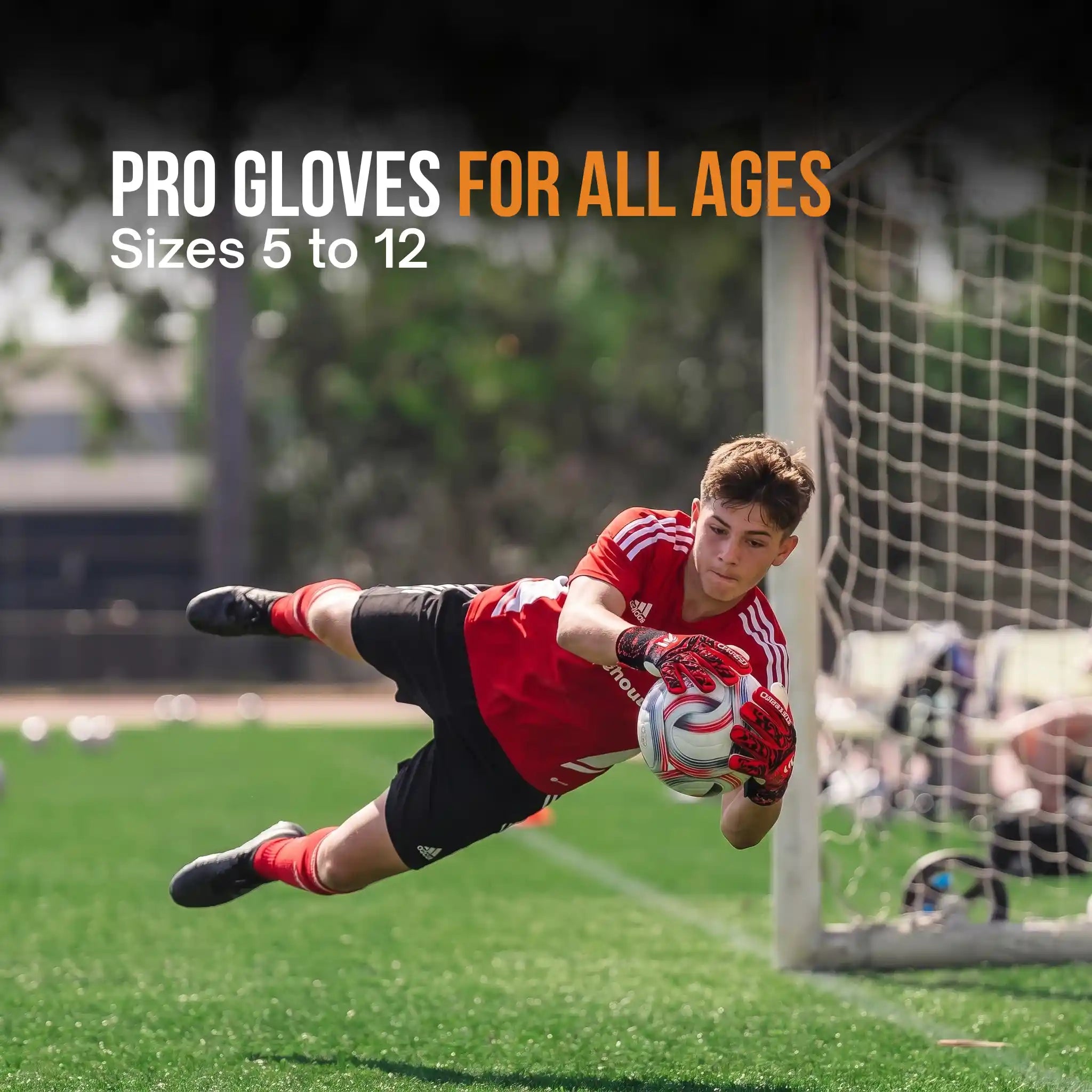 A soccer goalkeeper in a red jersey and black shorts dives to catch a ball on a green field, wearing onekeeper mana red and black gloves. Text at the top reads 'PRO GLOVES FOR ALL AGES' and 'Sizes 5 to 12'.