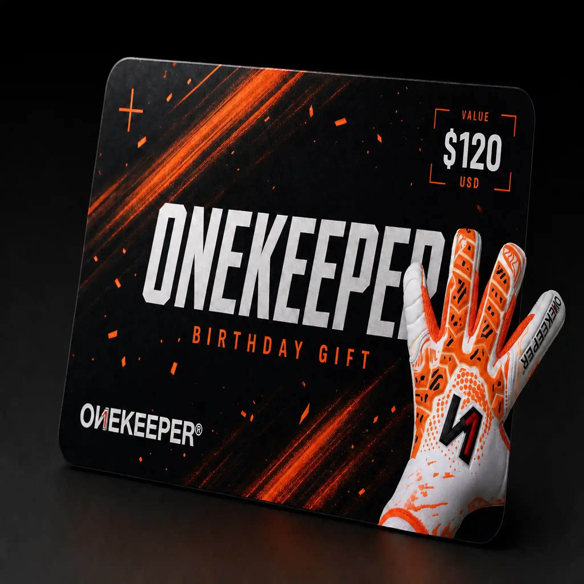 ONEKEEPER $120 birthday gift card with orange and white goalkeeper glove, pro youth soccer gear