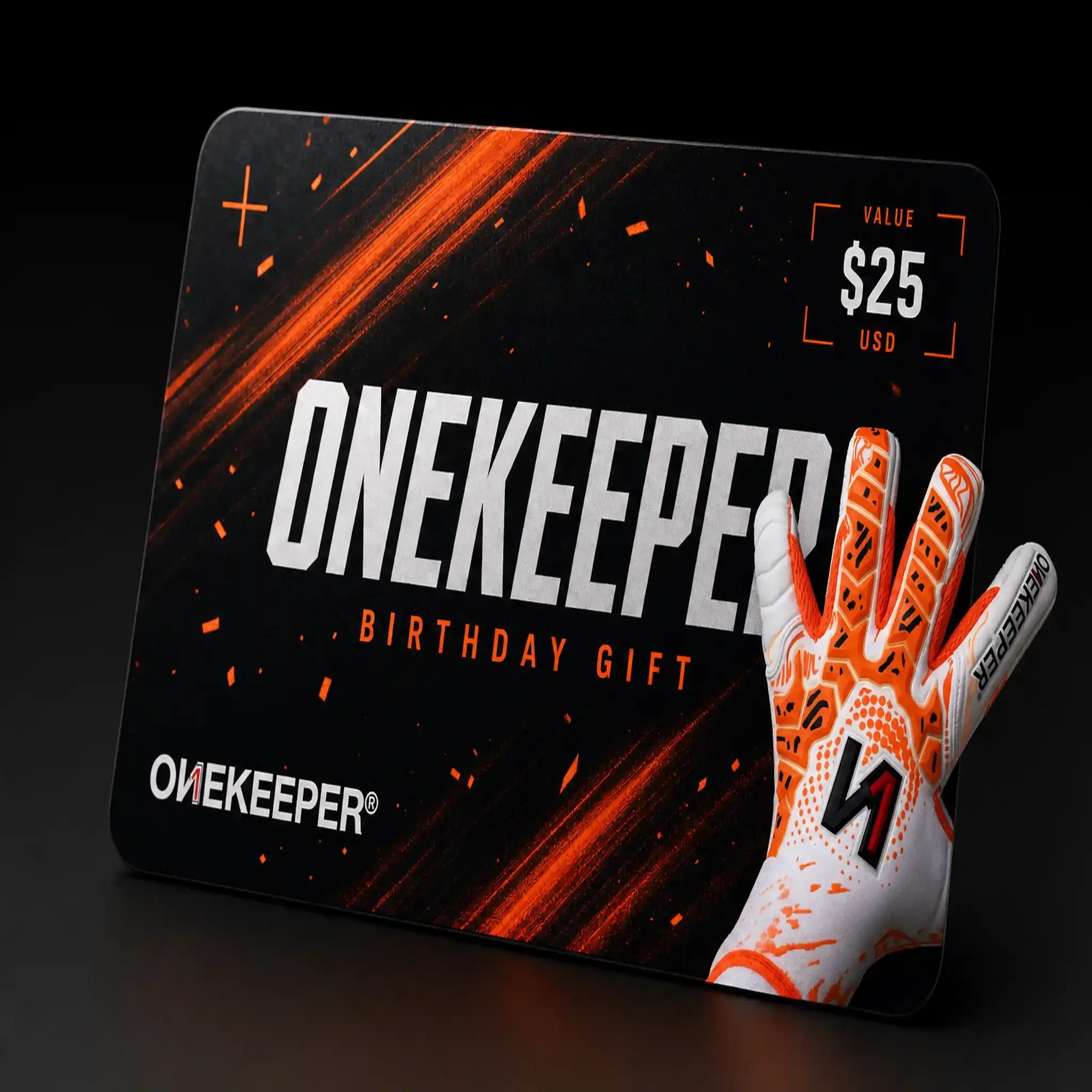 ONEKEEPER $25 birthday gift card with youth goalkeeper glove, ideal for soccer goalies ages 6–16