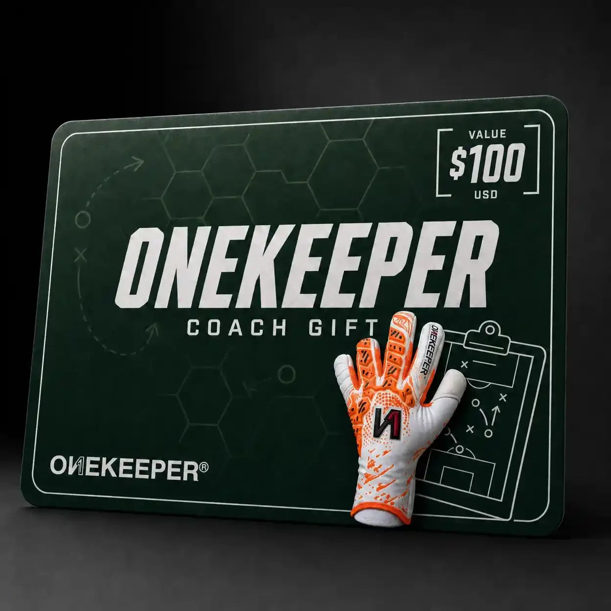 OneKeeper Coach Gift Card $100 with youth goalkeeper glove, perfect for soccer training gear