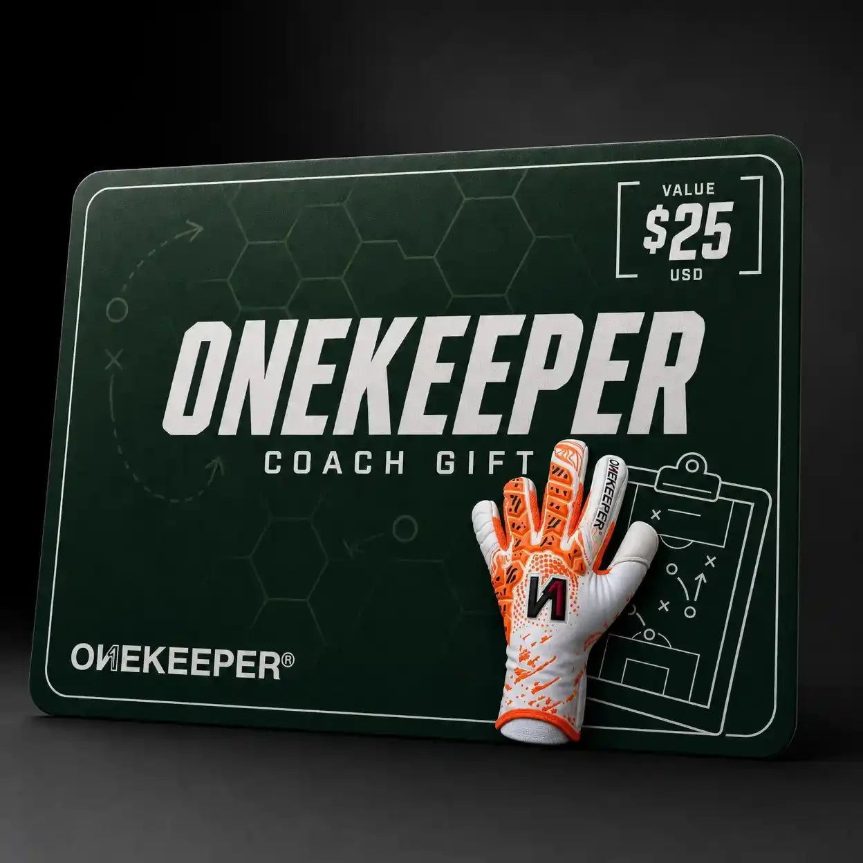 ONEKEEPER Coach Gift card with youth goalkeeper glove, $25 value, soccer training gear