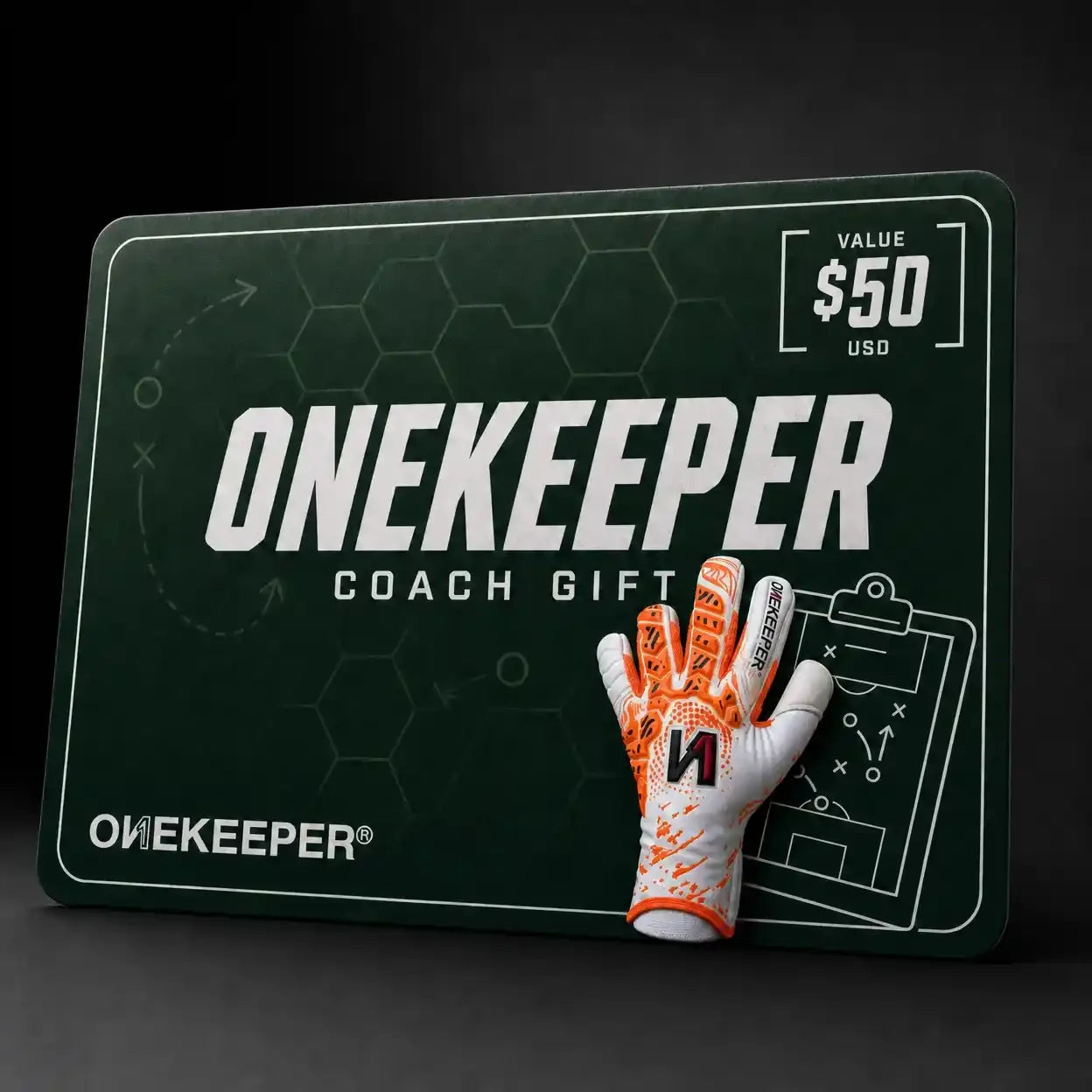ONEKEEPER Coach Gift $50 USD with youth goalkeeper glove on green card