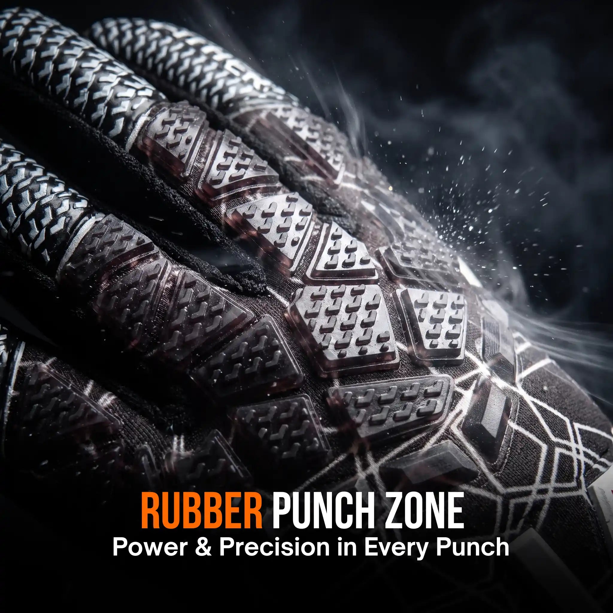A close-up of a onekeeper ctec black and silver patterned glove with textured rubber pads on the back of the hand, shown against a dark smoky background with the text 'RUBBER PUNCH ZONE Power & Precision in Every Punch'.