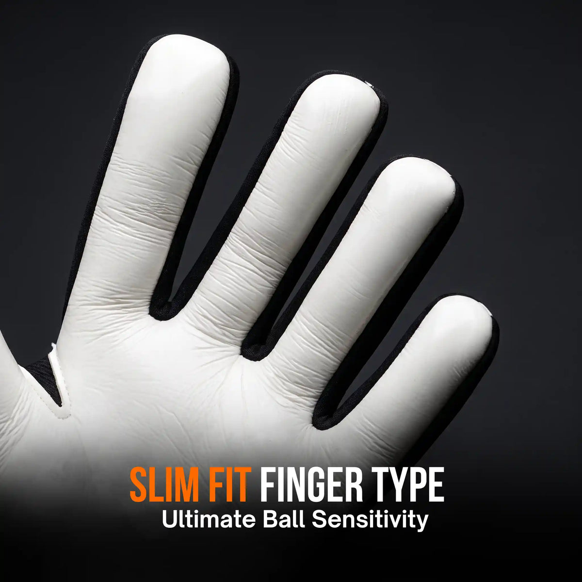 A close-up of a white finger glove fitted on a hand, shown against a dark black background with the text 'SLIM FIT FINGER TYPE Ultimate Ball Sensitivity' at the bottom.