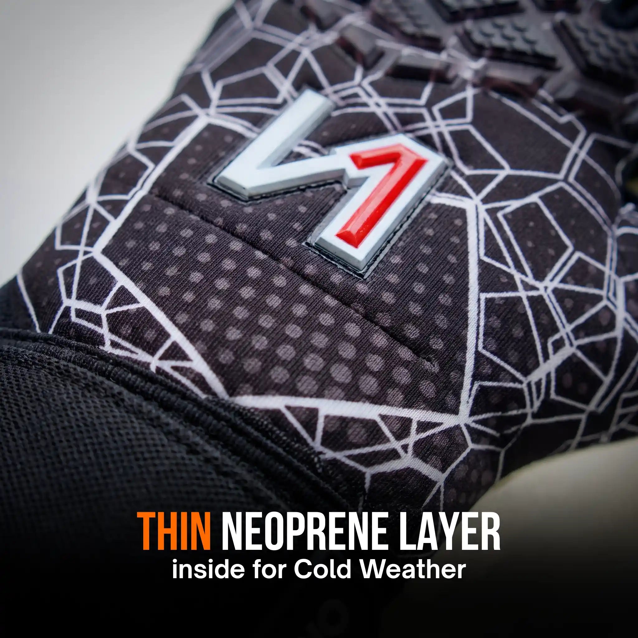 Close-up of a onekeeper ctec black and gray patterned glove with a raised stylized '7' logo in silver and red, plus text reading 'THIN NEOPRENE LAYER inside for Cold Weather'.