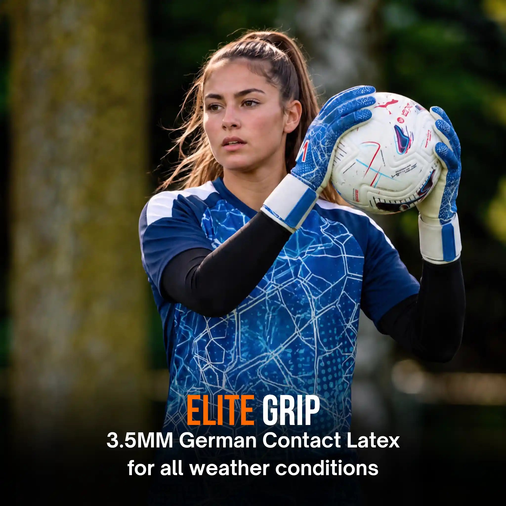 A female soccer goalkeeper in a blue patterned jersey and  a onekeeper ctec blue goalkeeper gloves holds a white soccer ball outdoors, with text overlay reading 'ELITE GRIP 3.5MM German Contact Latex for all weather conditions'.