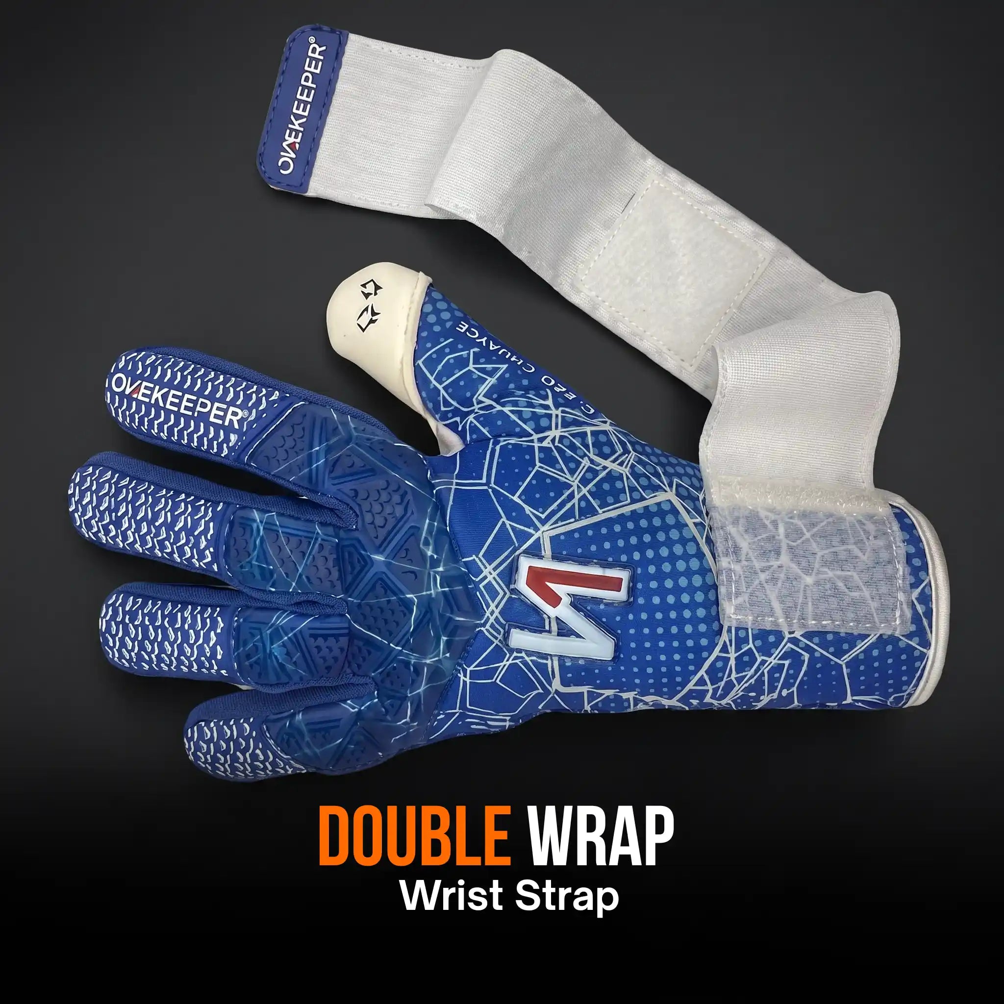 A onekeeper ctec blue goalkeeper glove with a white and blue double wrap wrist strap, displayed on a black background with the text 'DOUBLE WRAP Wrist Strap' at the bottom.