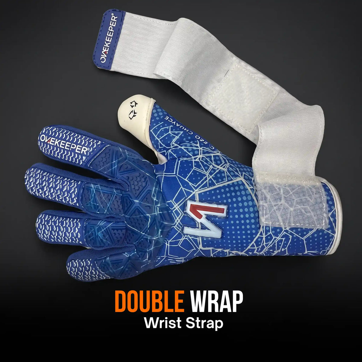 A onekeeper ctec blue goalkeeper glove with a white and blue double wrap wrist strap, displayed on a black background with the text 'DOUBLE WRAP Wrist Strap' at the bottom.