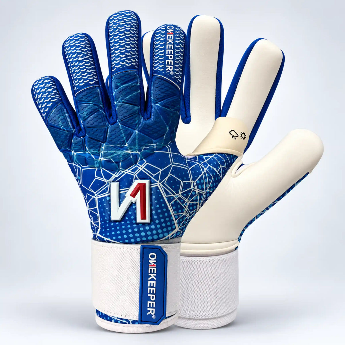 A pair of soccer onekeeper ctec blue goalkeeper gloves shown against a light gray studio background. One glove is oriented to show the blue patterned back of the hand with a large white and red 'M1' logo, and the other shows the white palm side with blue trim and a white wrist strap labeled 'OWEEKeeper'.