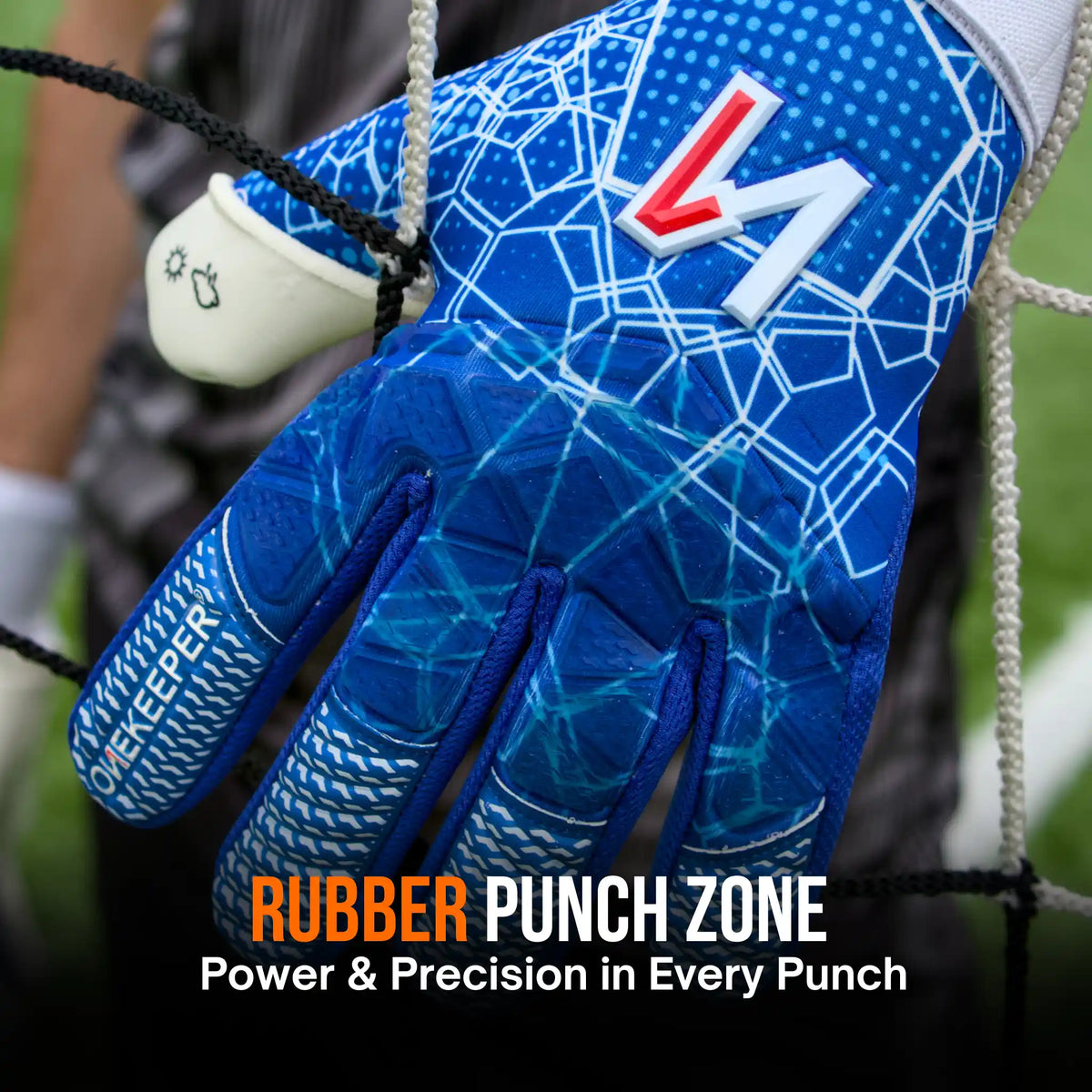 A onekeeper ctec blue and white patterned athletic glove with a red and white logo, shown in a close-up with text overlay reading 'RUBBER PUNCH ZONE' and 'Power & Precision in Every Punch'.