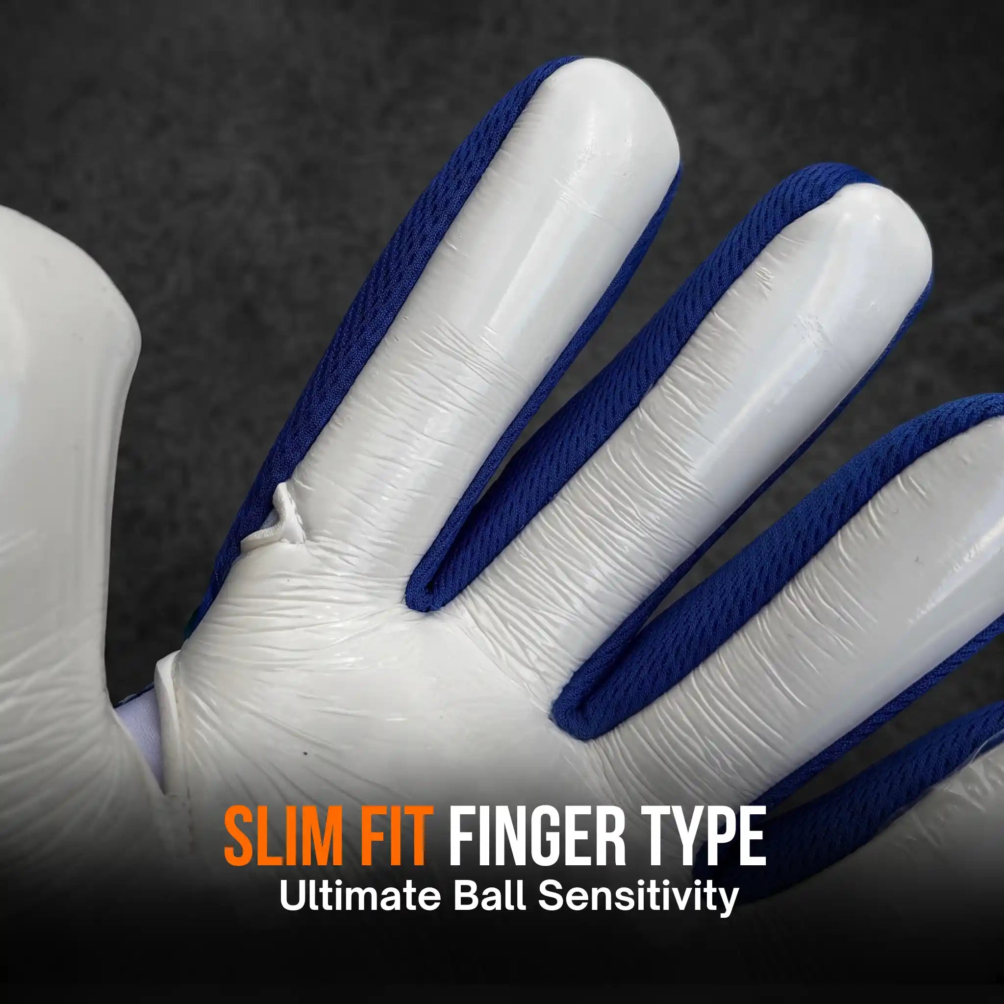 Close-up of a white glove with blue finger padding and blue thumb strap, shown on a dark textured background with the text 'SLIM FIT FINGER TYPE Ultimate Ball Sensitivity'.