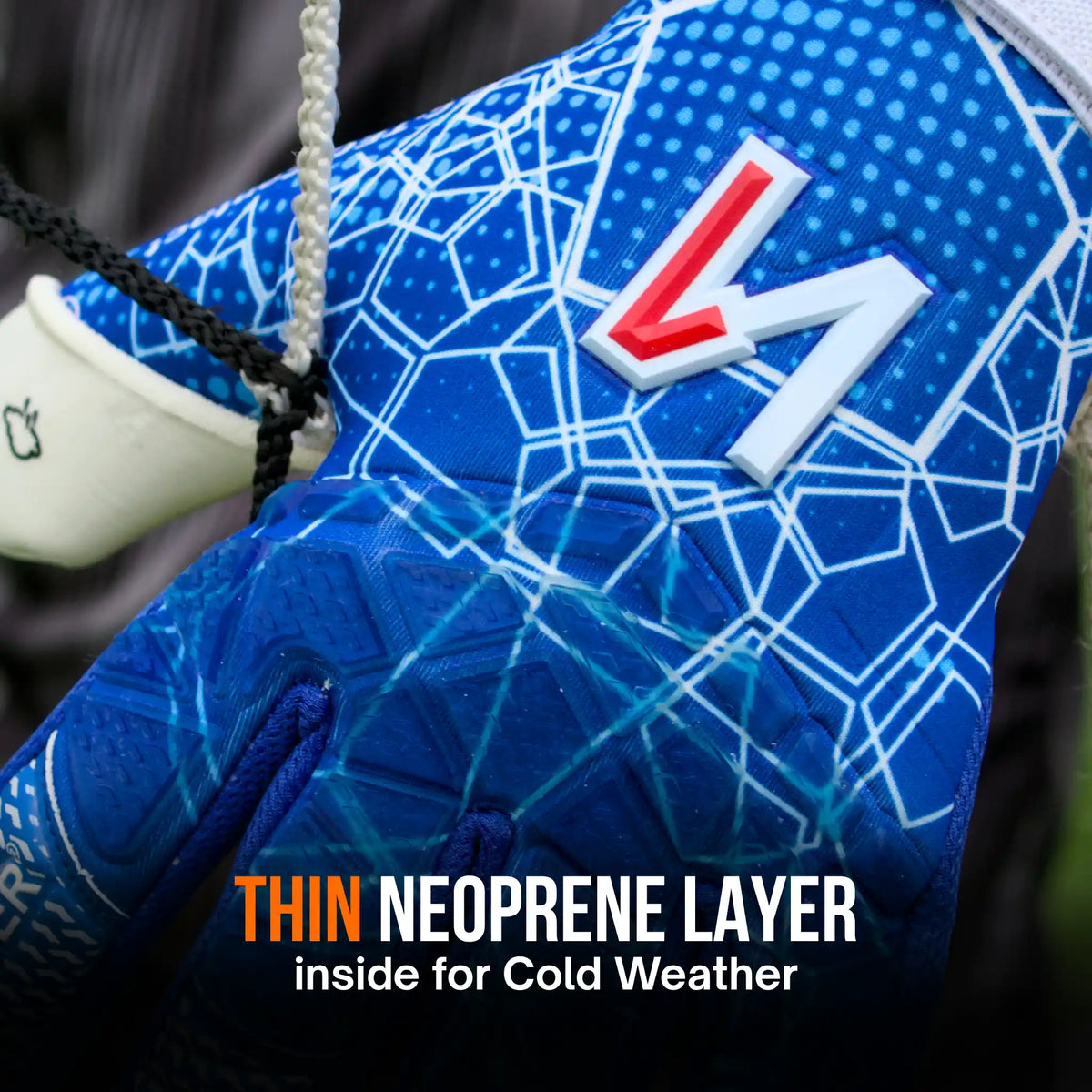 Close-up of a onekeeper ctec blue athletic glove with a geometric pattern, a red and white logo, and text overlay reading 'THIN NEOPRENE LAYER inside for Cold Weather'.