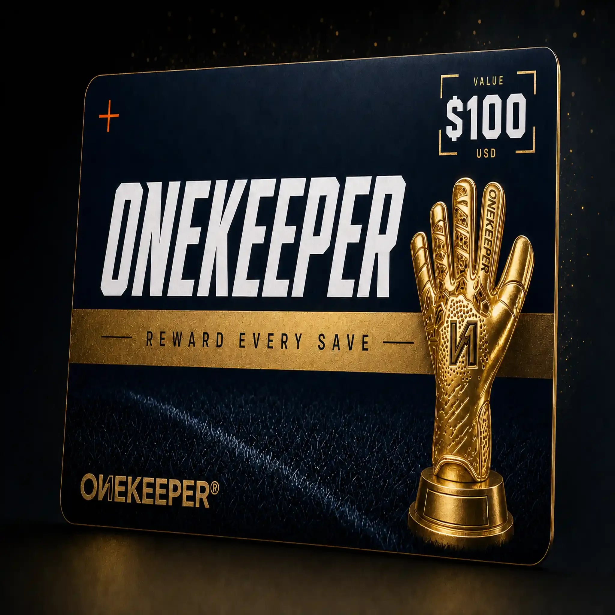 ONEKEEPER $100 gift card with golden goalkeeper glove trophy, reward every save
