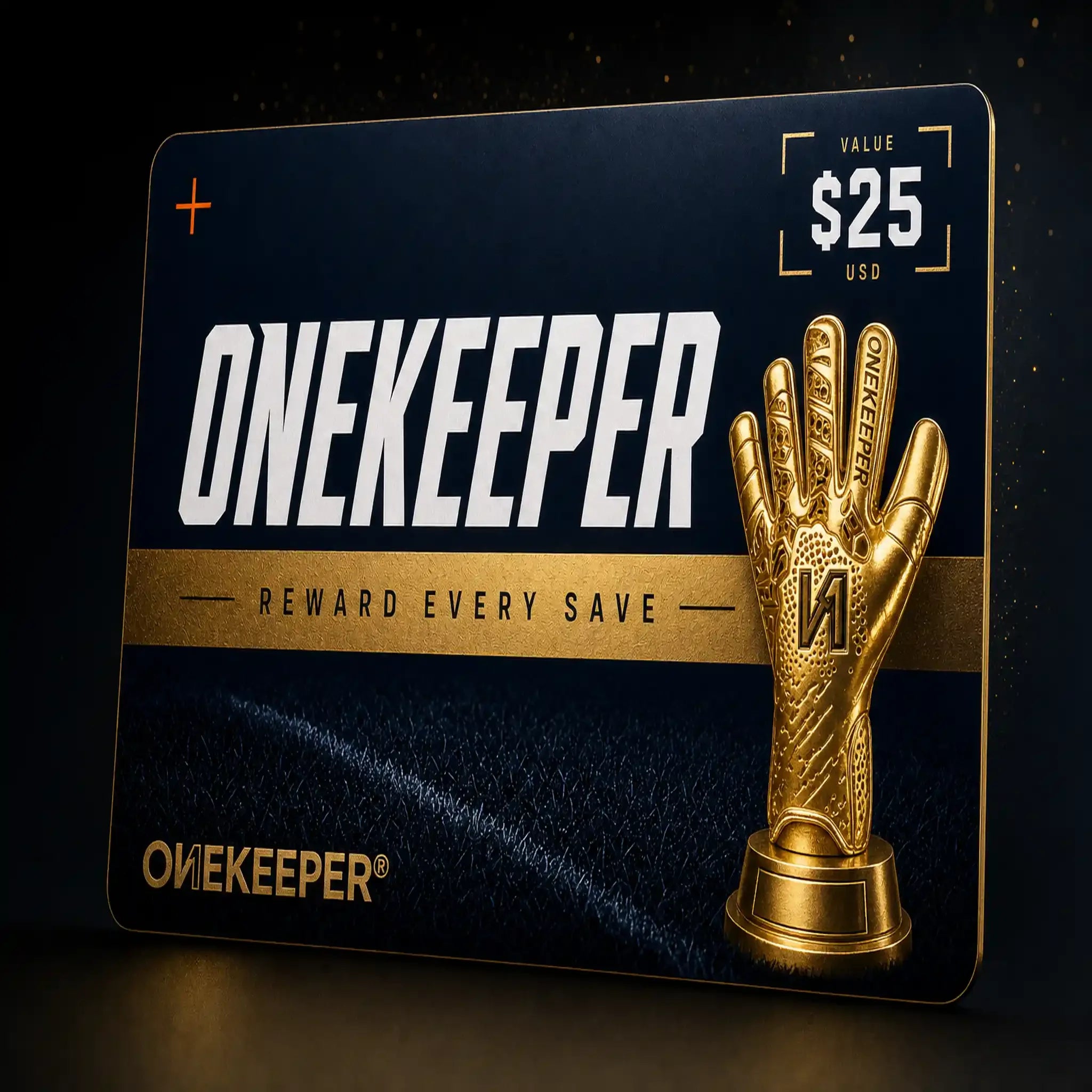ONEKEEPER $25 gift card with golden goalkeeper glove trophy, reward every save