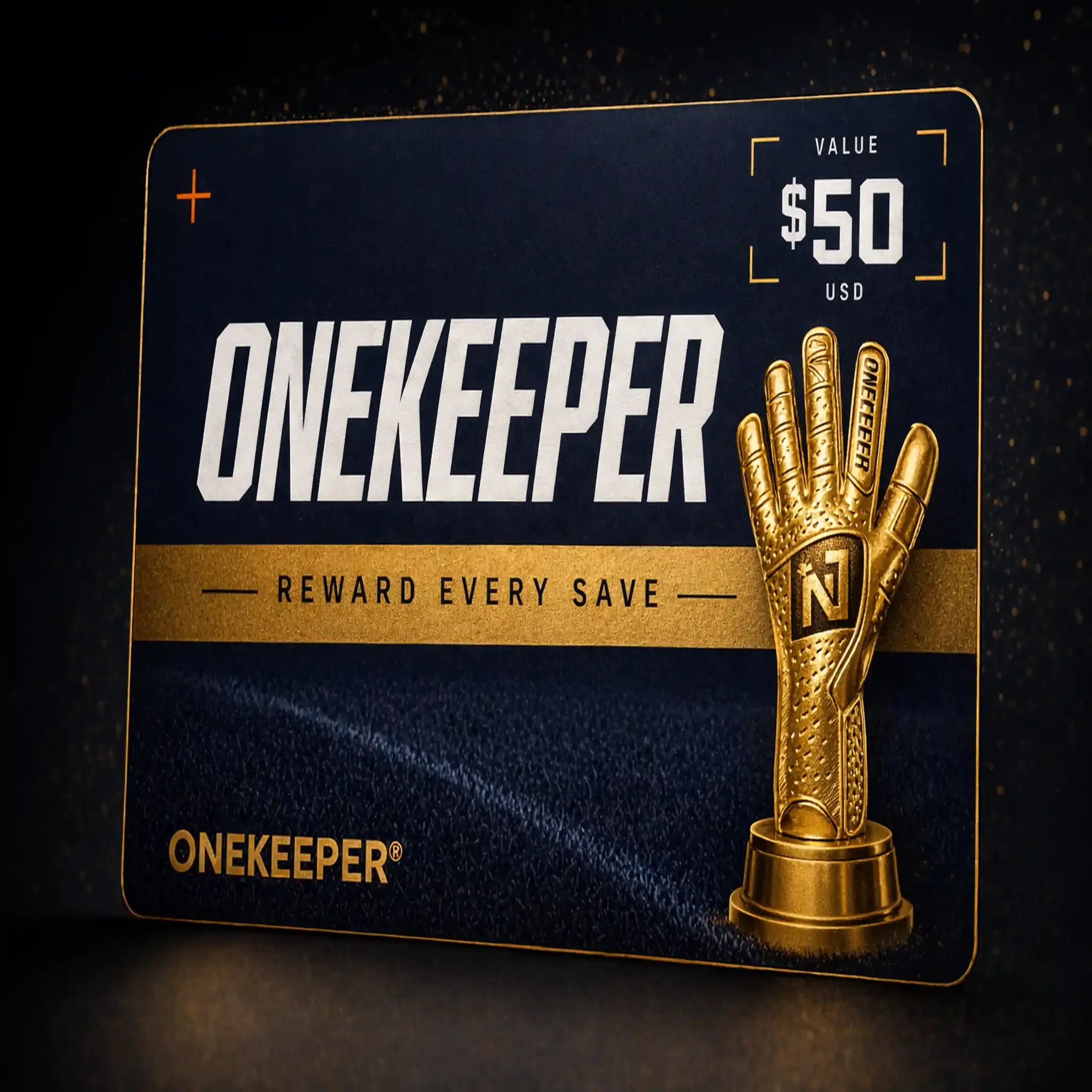 ONEKEEPER $50 gift card with golden goalkeeper glove trophy, rewarding every save for youth soccer gear