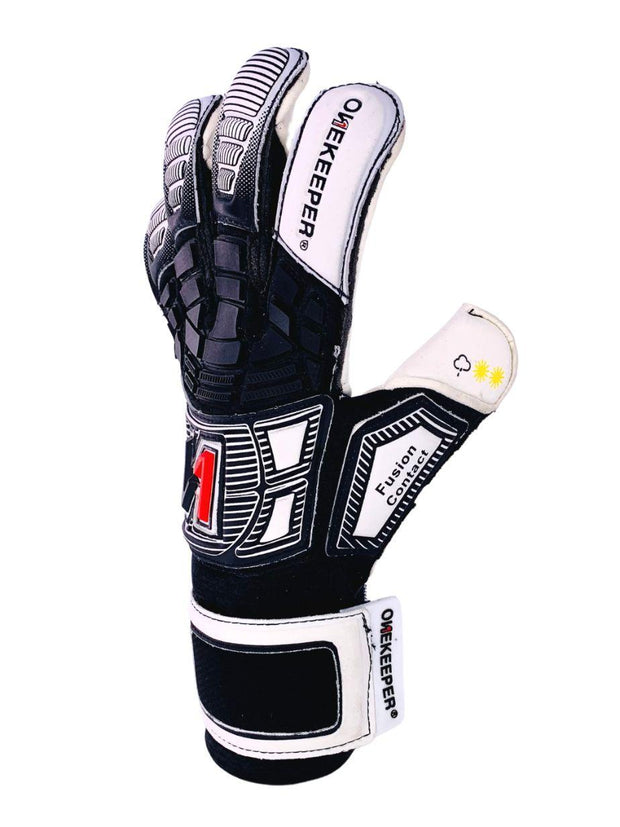 ONEKEEPER FUSION Contact Black - Black and White Hybrid Cut Pro-Level Goalkeeper Gloves - ONEKEEPER USA