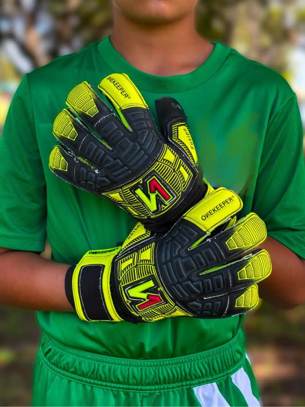 ONEKEEPER FUSION Junior Yellow & Black with Fingersaves | Semi Pro-Level German Latex | Spines Sold Separately - ONEKEEPER USA