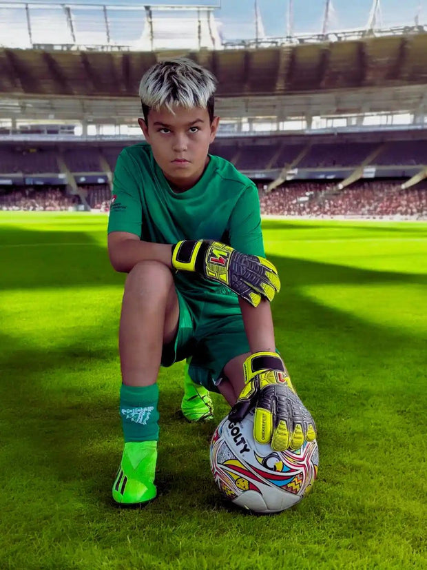 ONEKEEPER FUSION Junior Yellow & Black with Fingersaves | Semi Pro-Level German Latex | Spines Sold Separately - ONEKEEPER USA